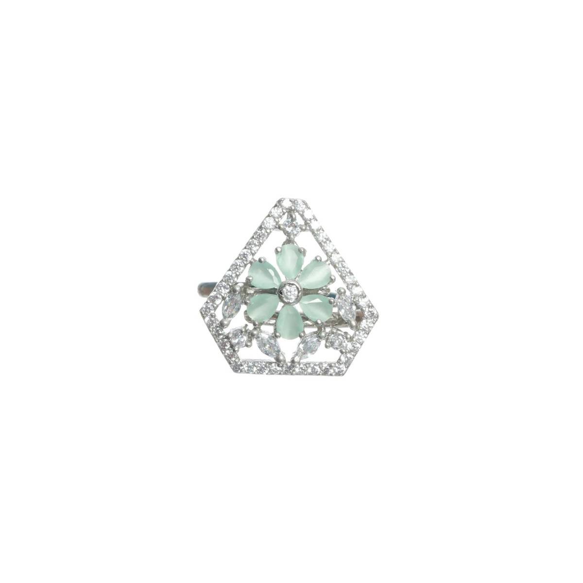 Aatmana Silver Plated Mint Green AD Studded Adjustable Finger Ring