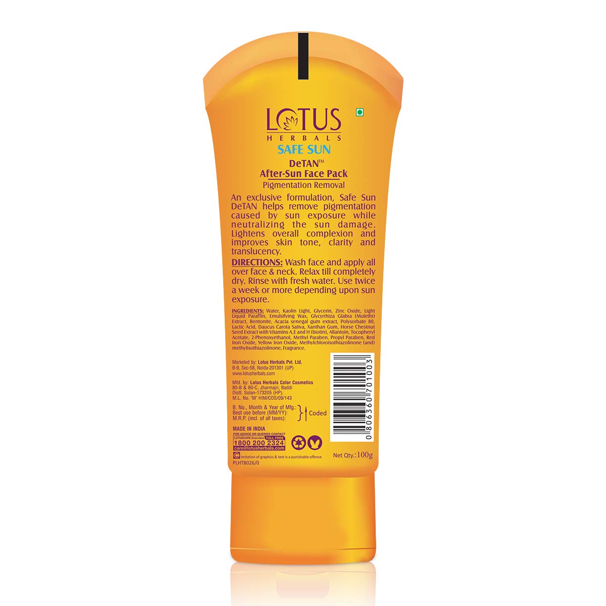 LOTUS HERBALS Lotus Safe Sun DeTan After-Sun Face Pack, reduces Sun Tan, Brightens Skin, 100g