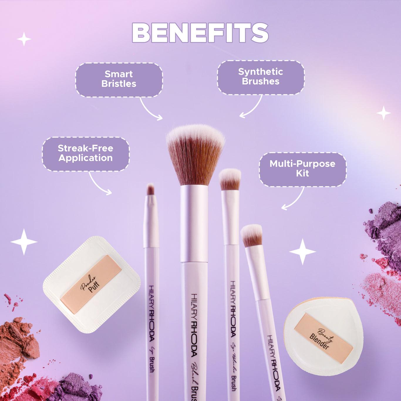 Play n Blend Brush Set Easy Blending | Eyeshadow Brushes | Blush Brush | Lip Brush | Beauty Blender | Powder Puff | Smart Bristles | Streak-Free Application