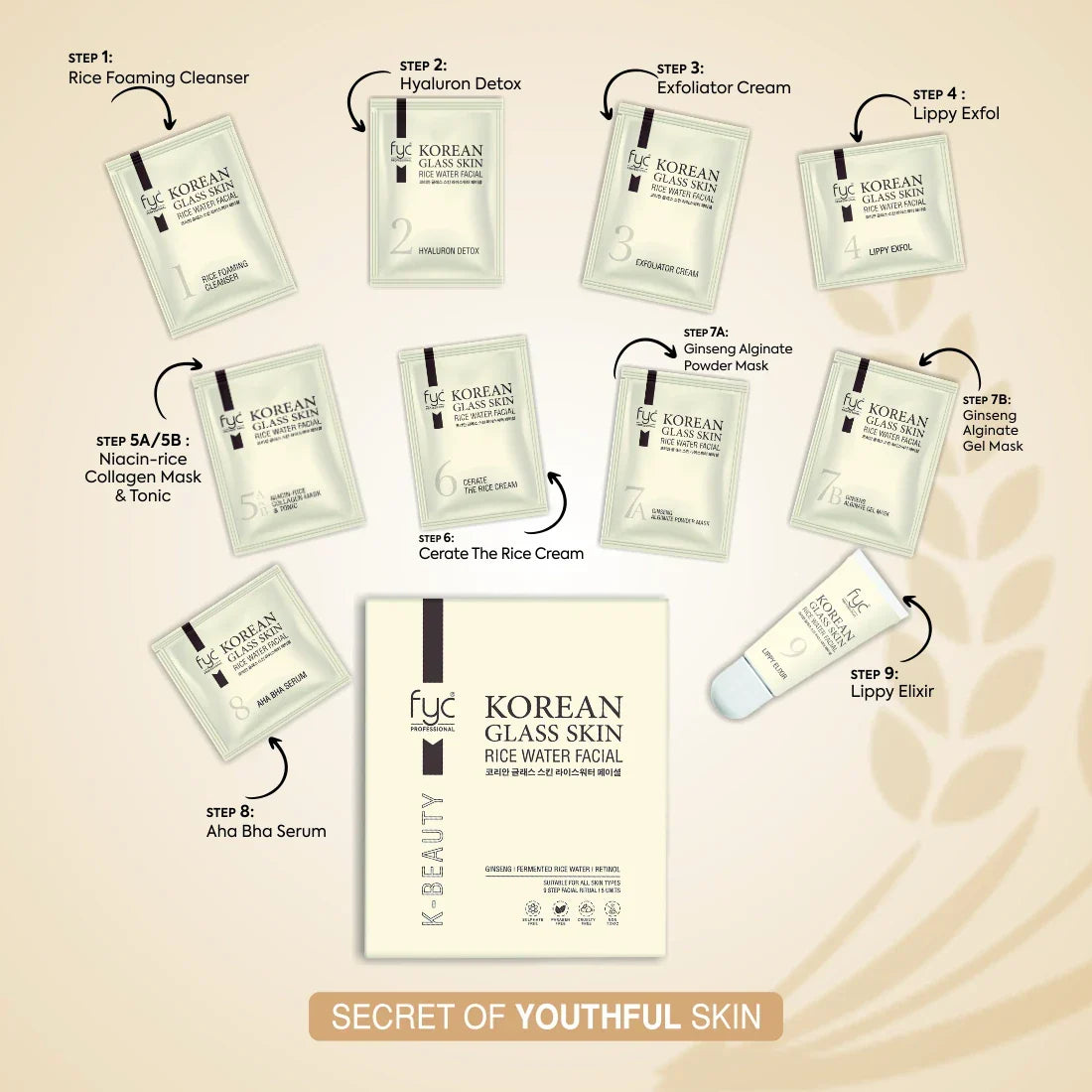 FYC PROFESSIONAL Korean Glass Skin Rice Water Facial Kit 9 Steps