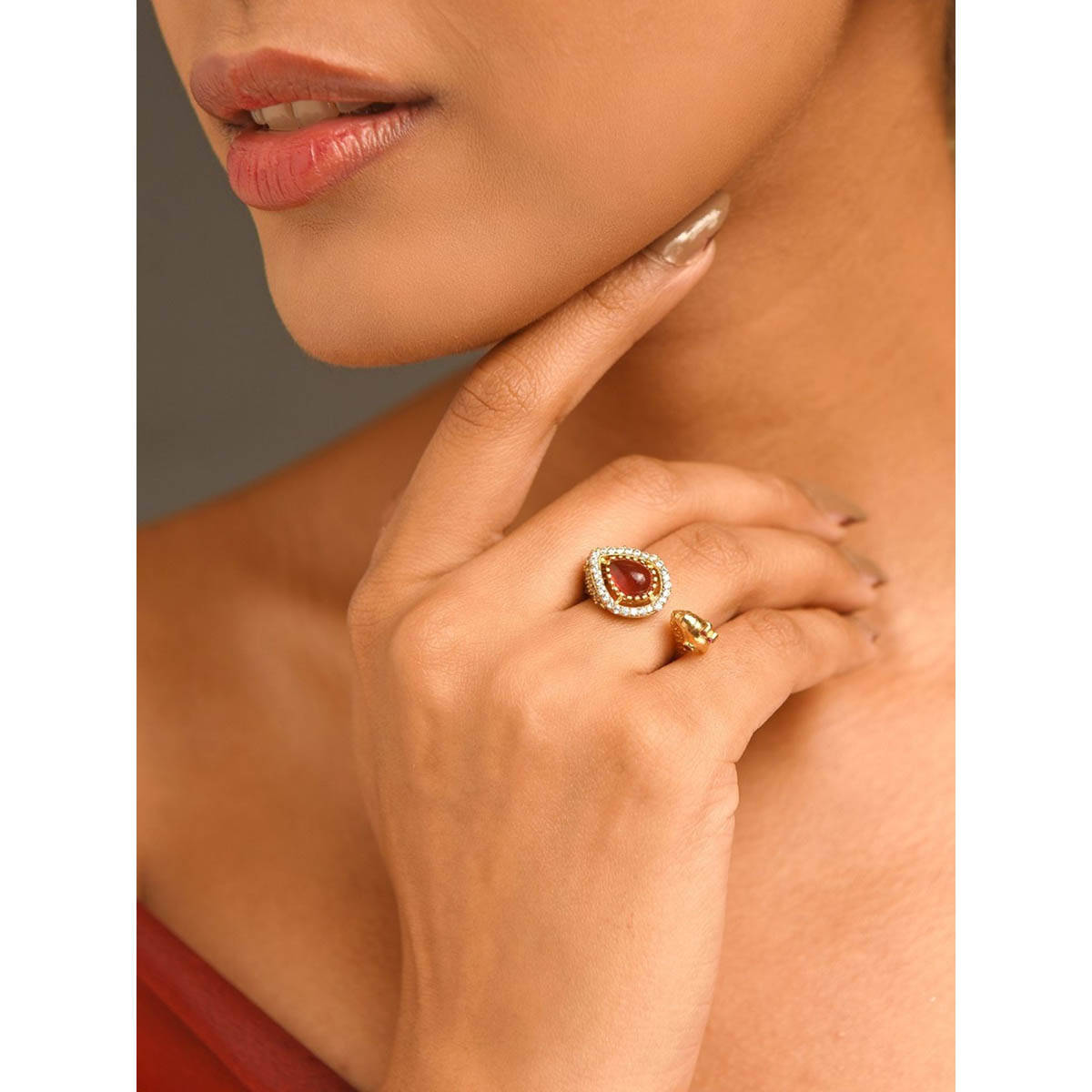 Abdesigns Elegant Gold Plated Polki Studded Finger Ring Red