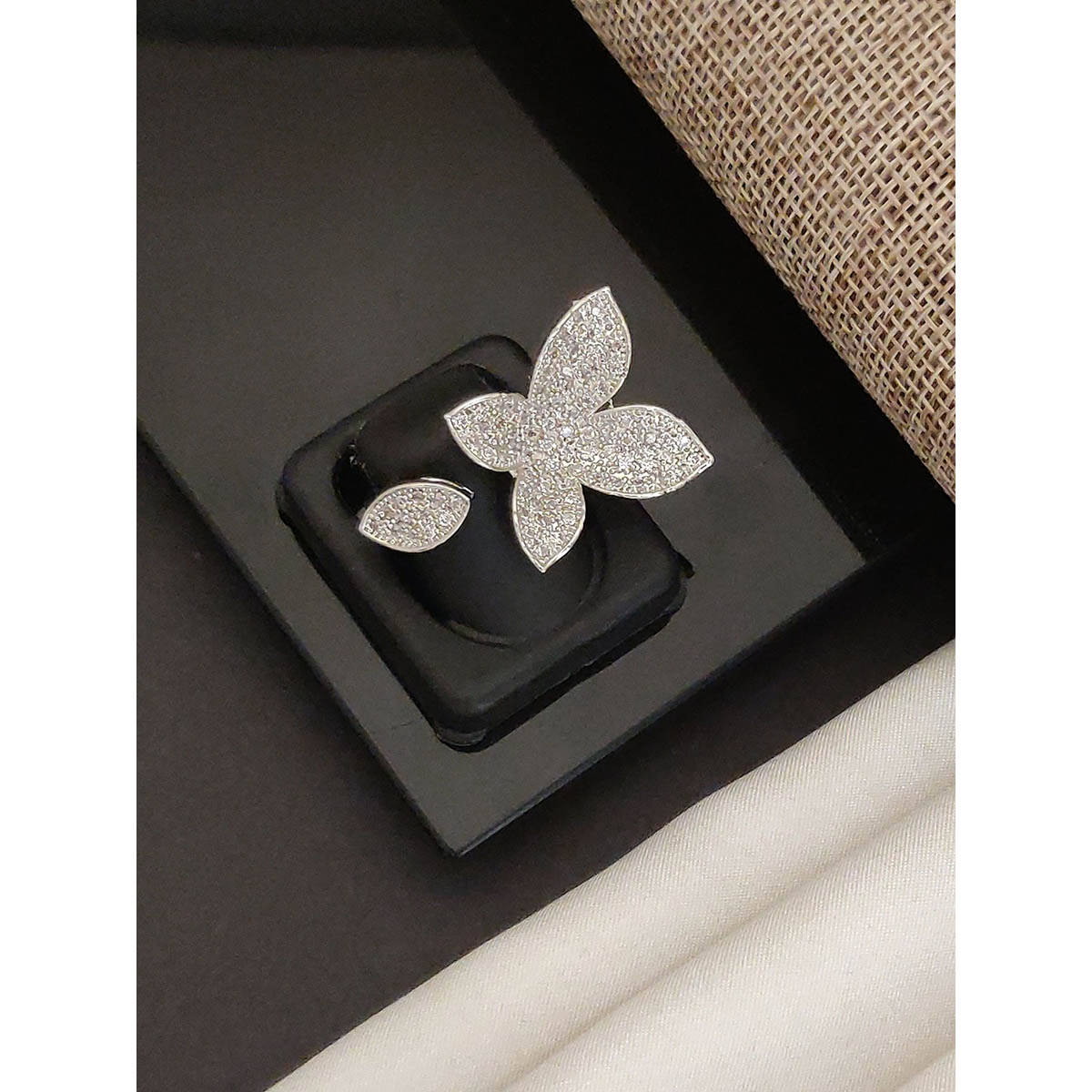 Abdesigns Elegant Silver Plated American Diamond Studded Finger Ring White