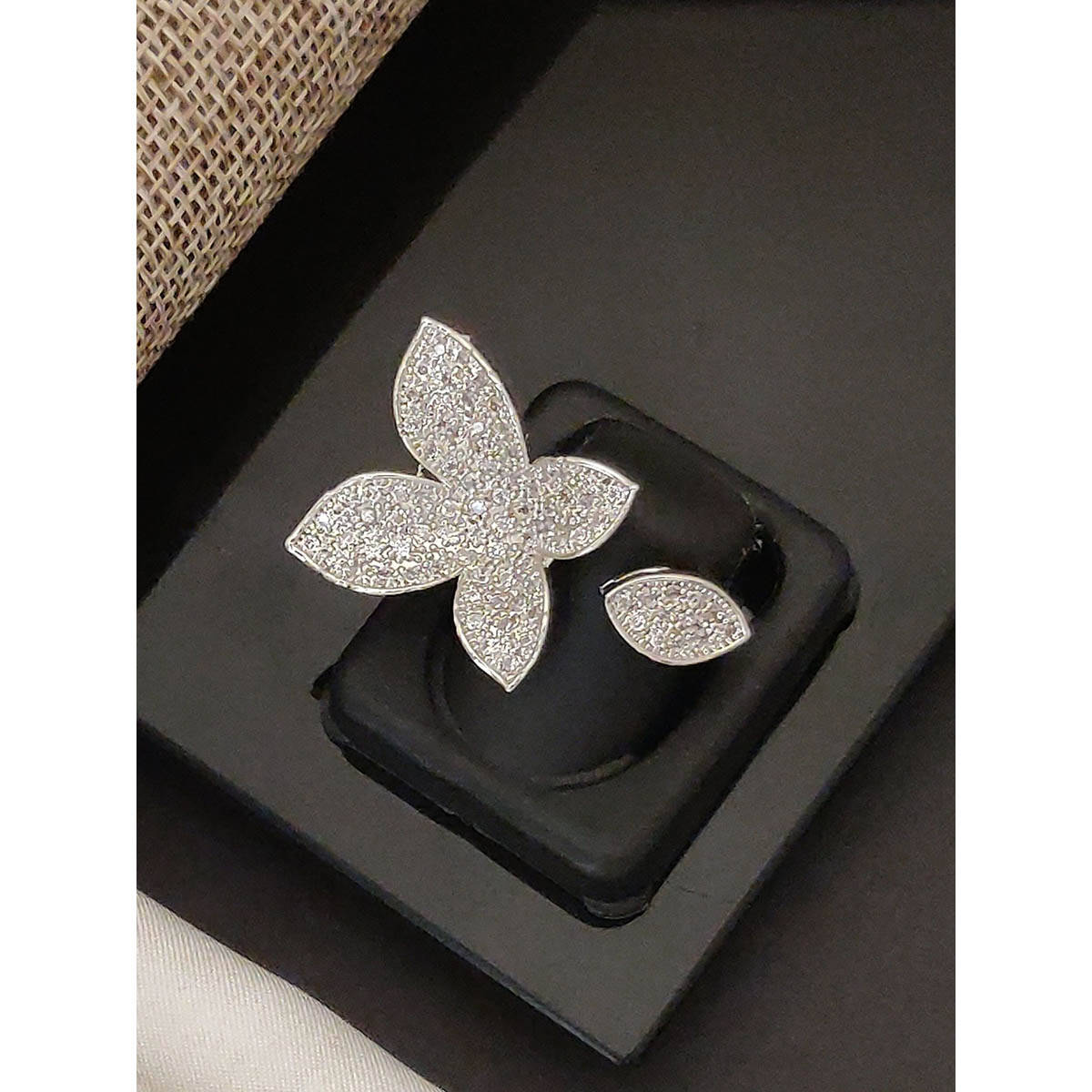 Abdesigns Elegant Silver Plated American Diamond Studded Finger Ring White