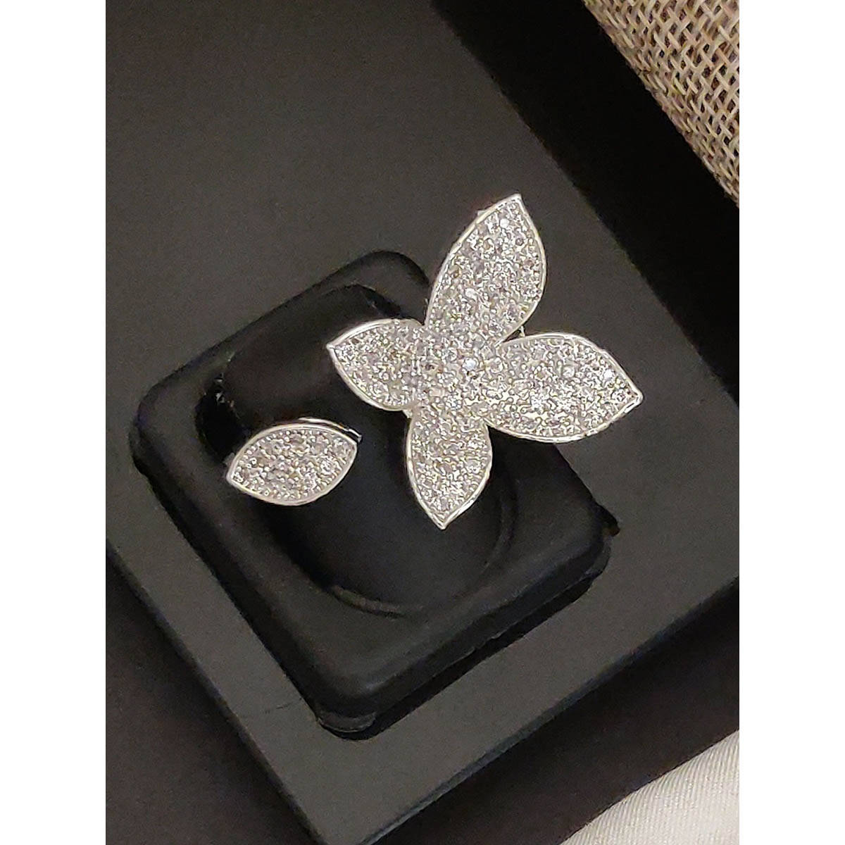 Abdesigns Elegant Silver Plated American Diamond Studded Finger Ring White