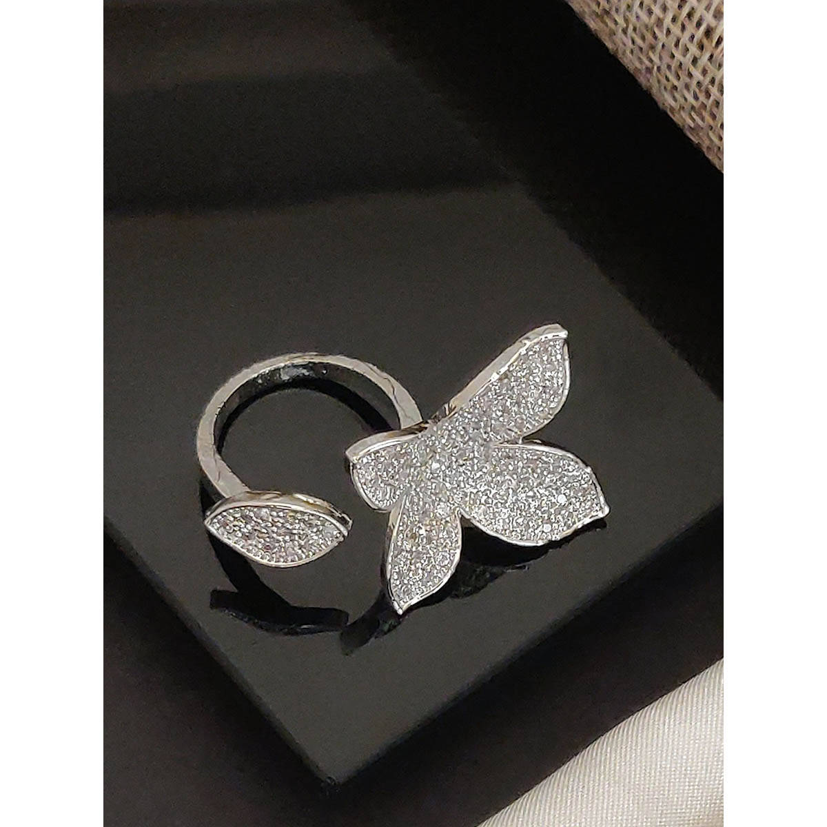 Abdesigns Elegant Silver Plated American Diamond Studded Finger Ring White