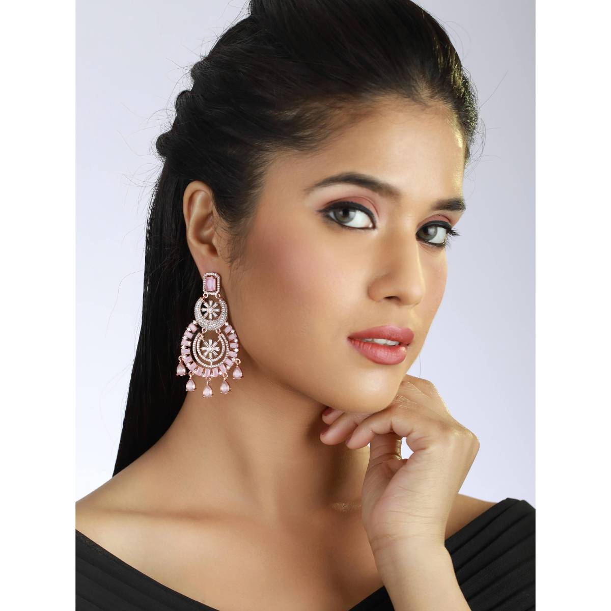 Aatmana Rose Gold Plated and Pink American Diamond studded Chandbalis Earrings