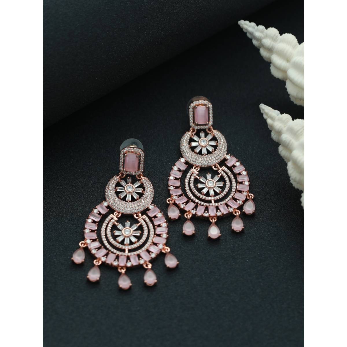 Aatmana Rose Gold Plated and Pink American Diamond studded Chandbalis Earrings
