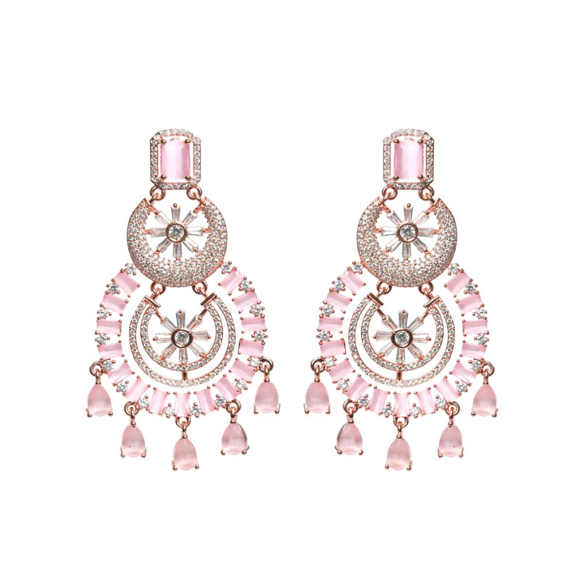Aatmana Rose Gold Plated and Pink American Diamond studded Chandbalis Earrings