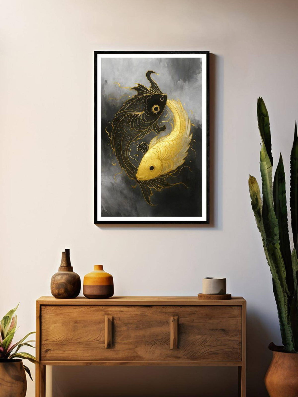 999Store Black and Gold Koi Fish Yin Yang Wall Art Box Fiber Canvas Frame Painting · One Size