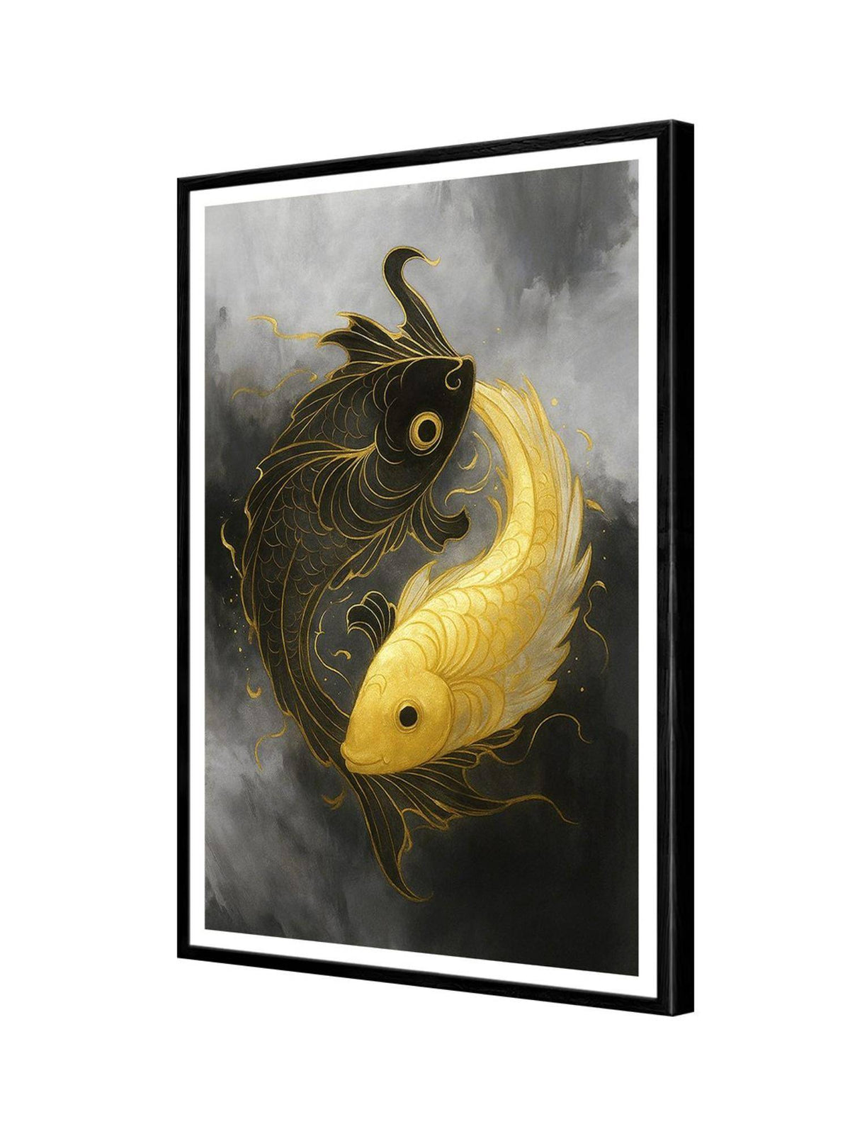 999Store Black and Gold Koi Fish Yin Yang Wall Art Box Fiber Canvas Frame Painting