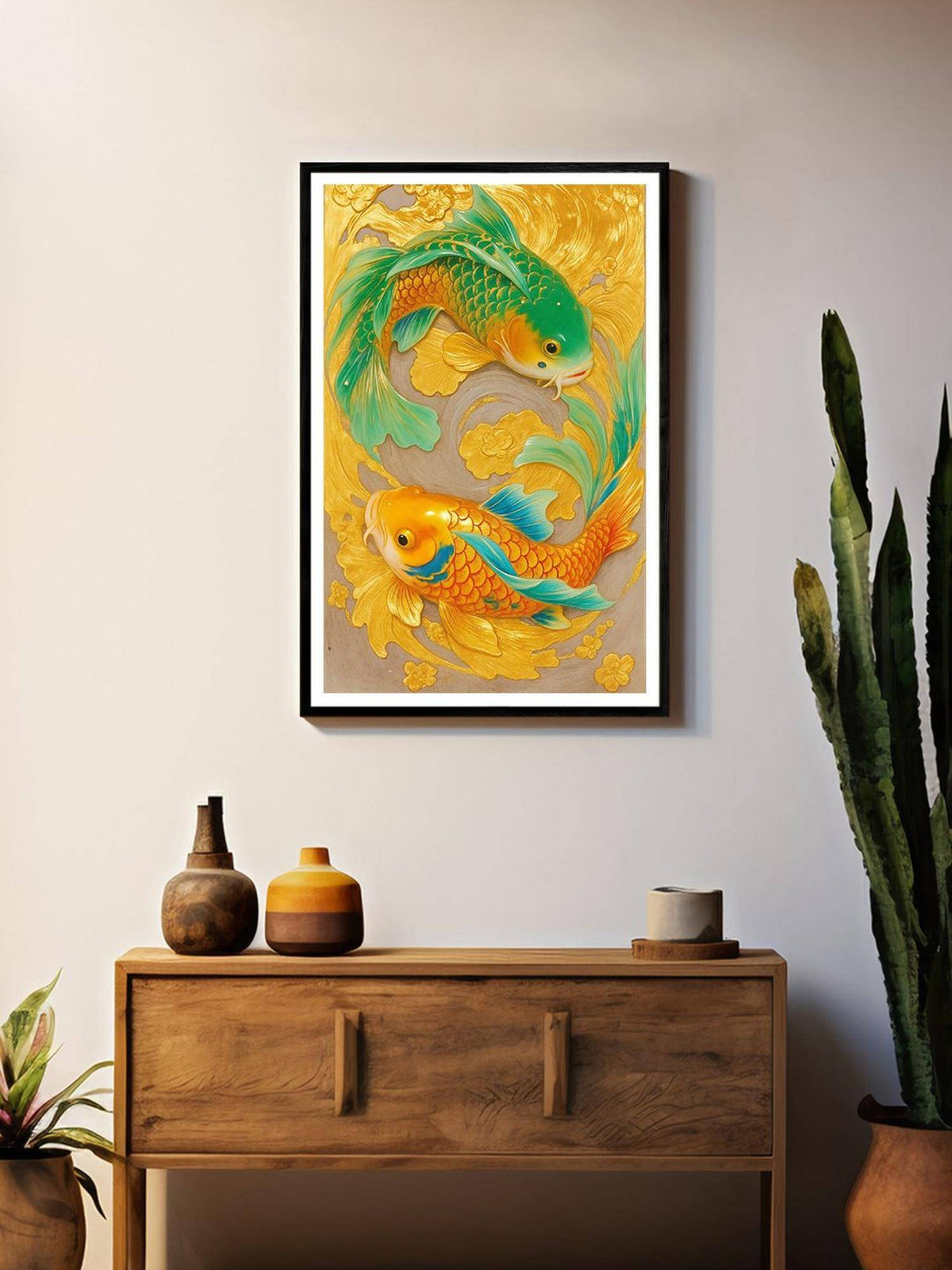 999Store Vibrant Golden and Green Koi Fish Box Fiber Canvas Frame Painting