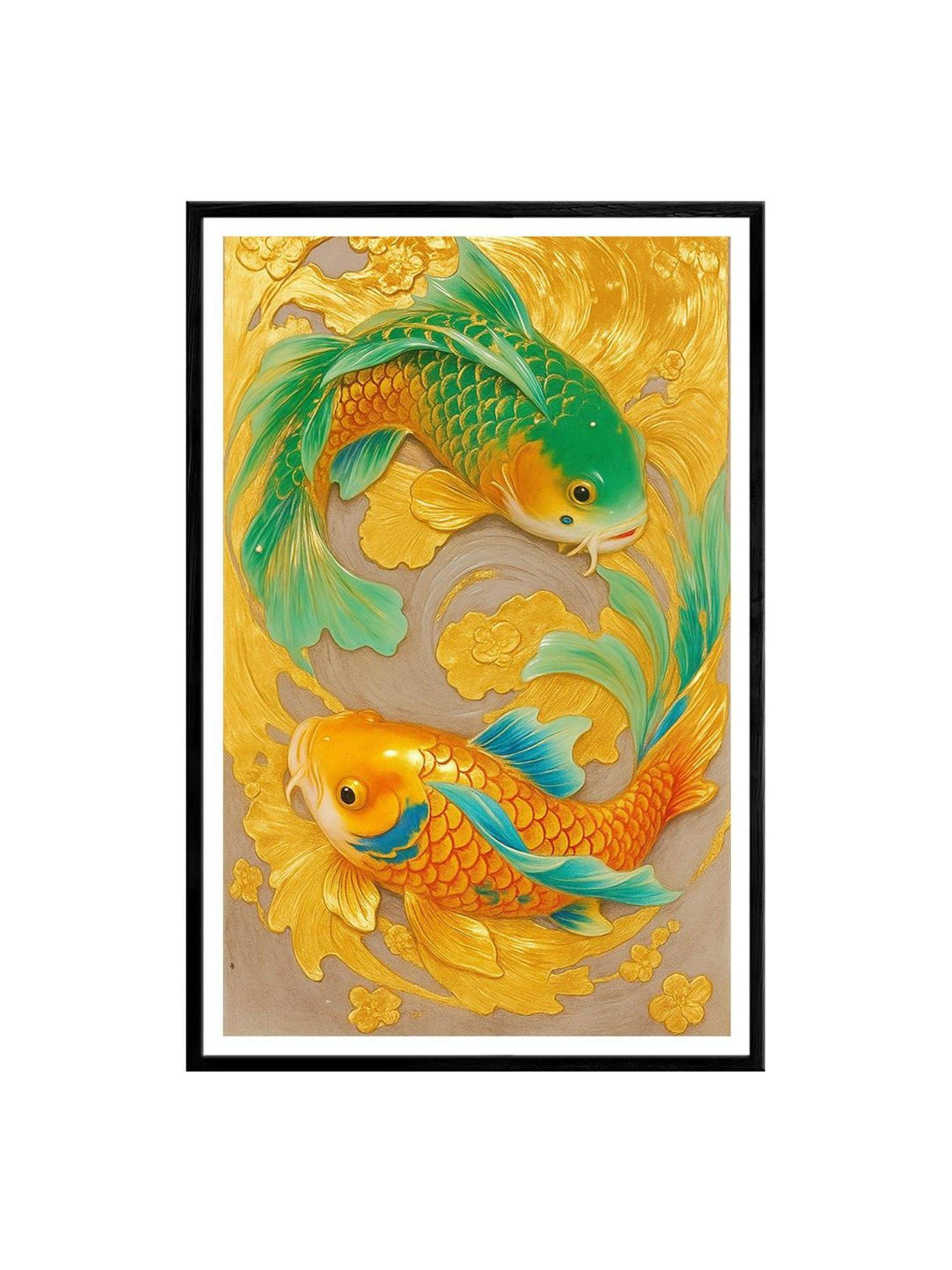 999Store Vibrant Golden and Green Koi Fish Box Fiber Canvas Frame Painting