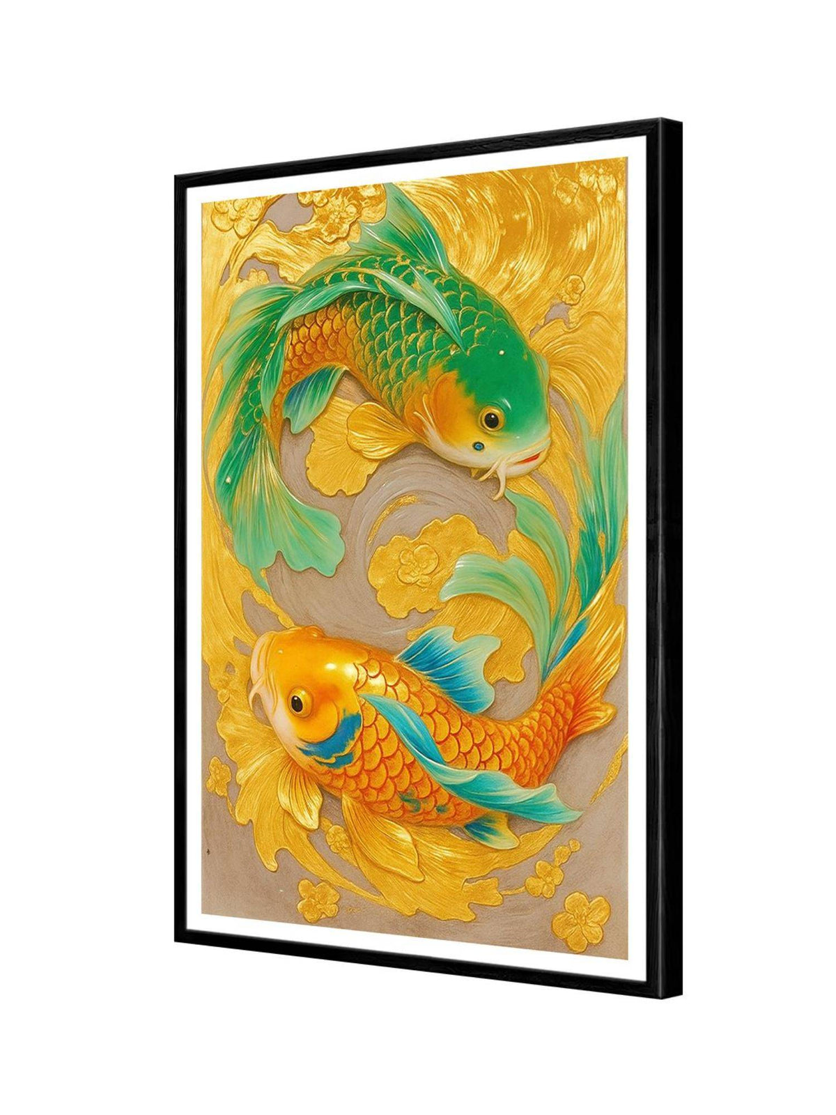 999Store Vibrant Golden and Green Koi Fish Box Fiber Canvas Frame Painting