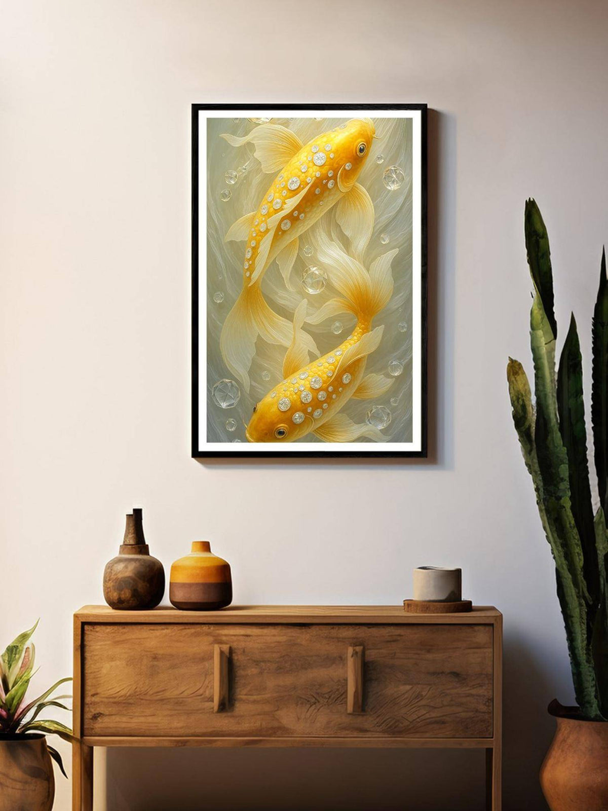 999Store Diamond-Studded Golden Koi Fish Wall Art Box Fiber Canvas Frame Painting