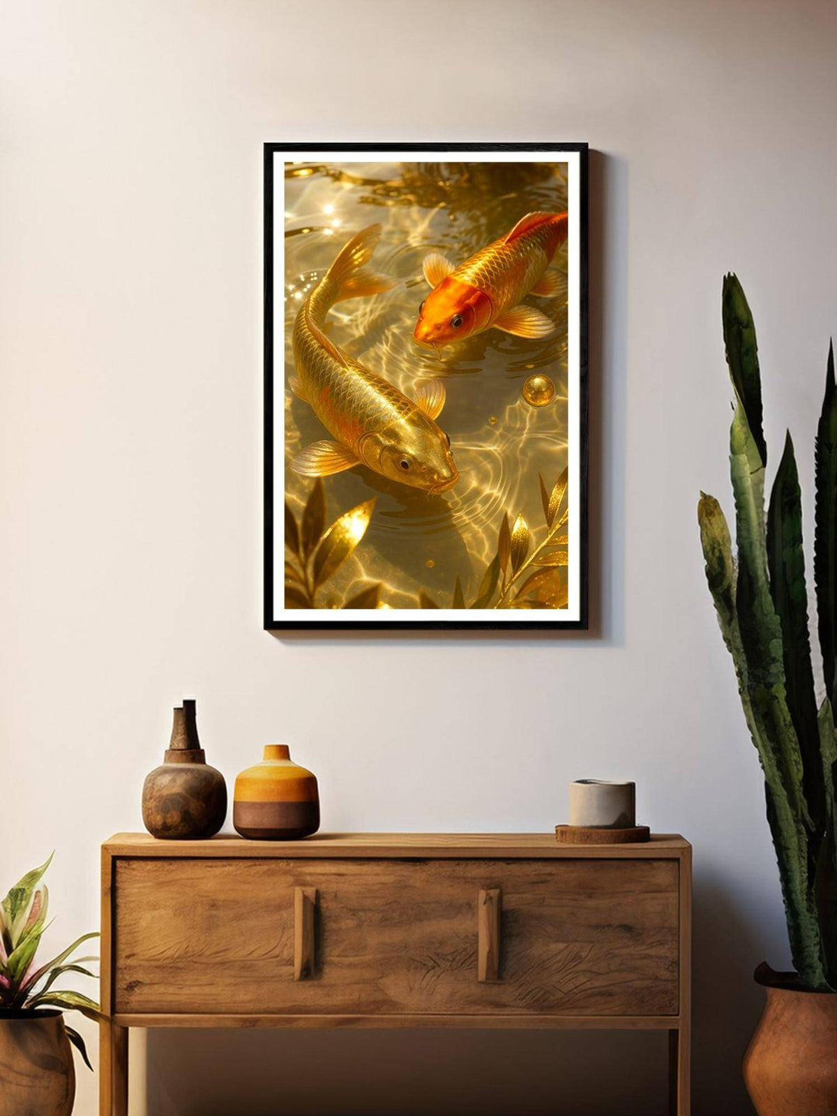 999Store Realistic Golden and Orange Koi Fish Underwater Scene Box Fiber Canvas Frame Painting