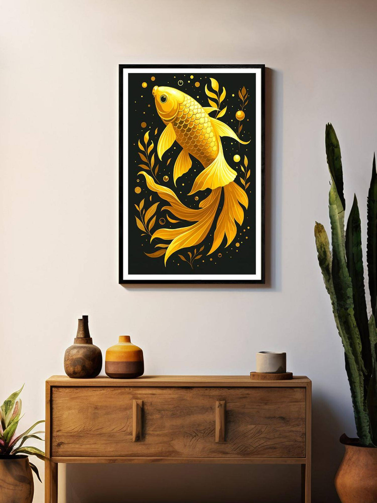 999Store Golden Koi Fish Black Background Box Fiber Canvas Frame Painting