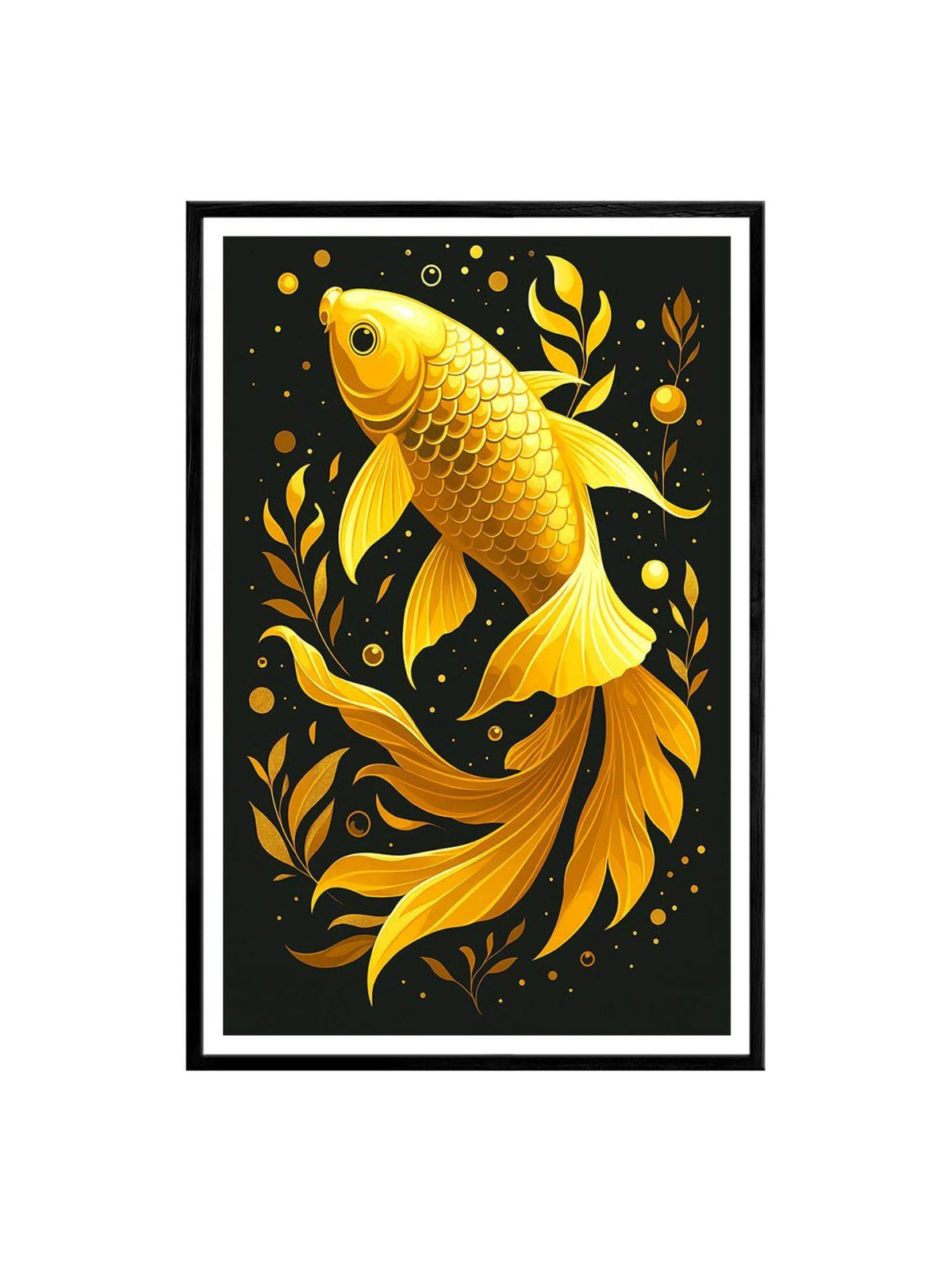 999Store Golden Koi Fish Black Background Box Fiber Canvas Frame Painting