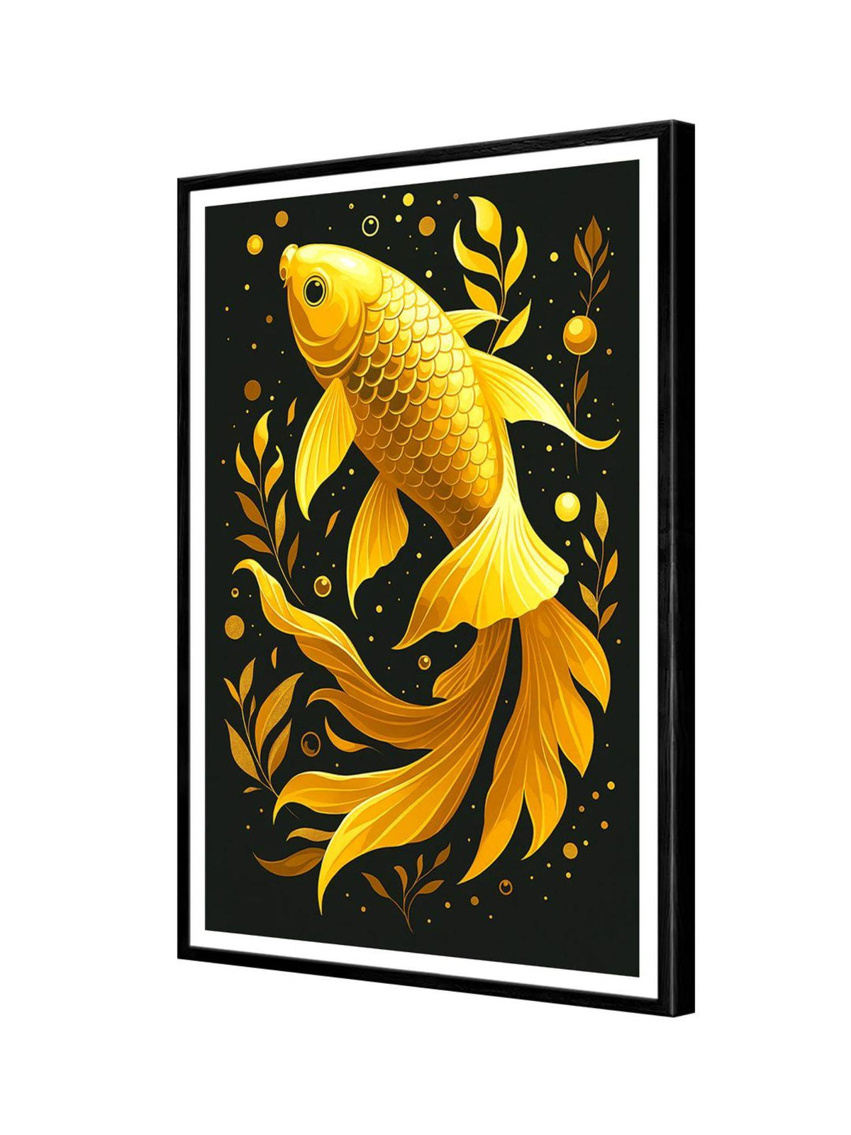 999Store Golden Koi Fish Black Background Box Fiber Canvas Frame Painting
