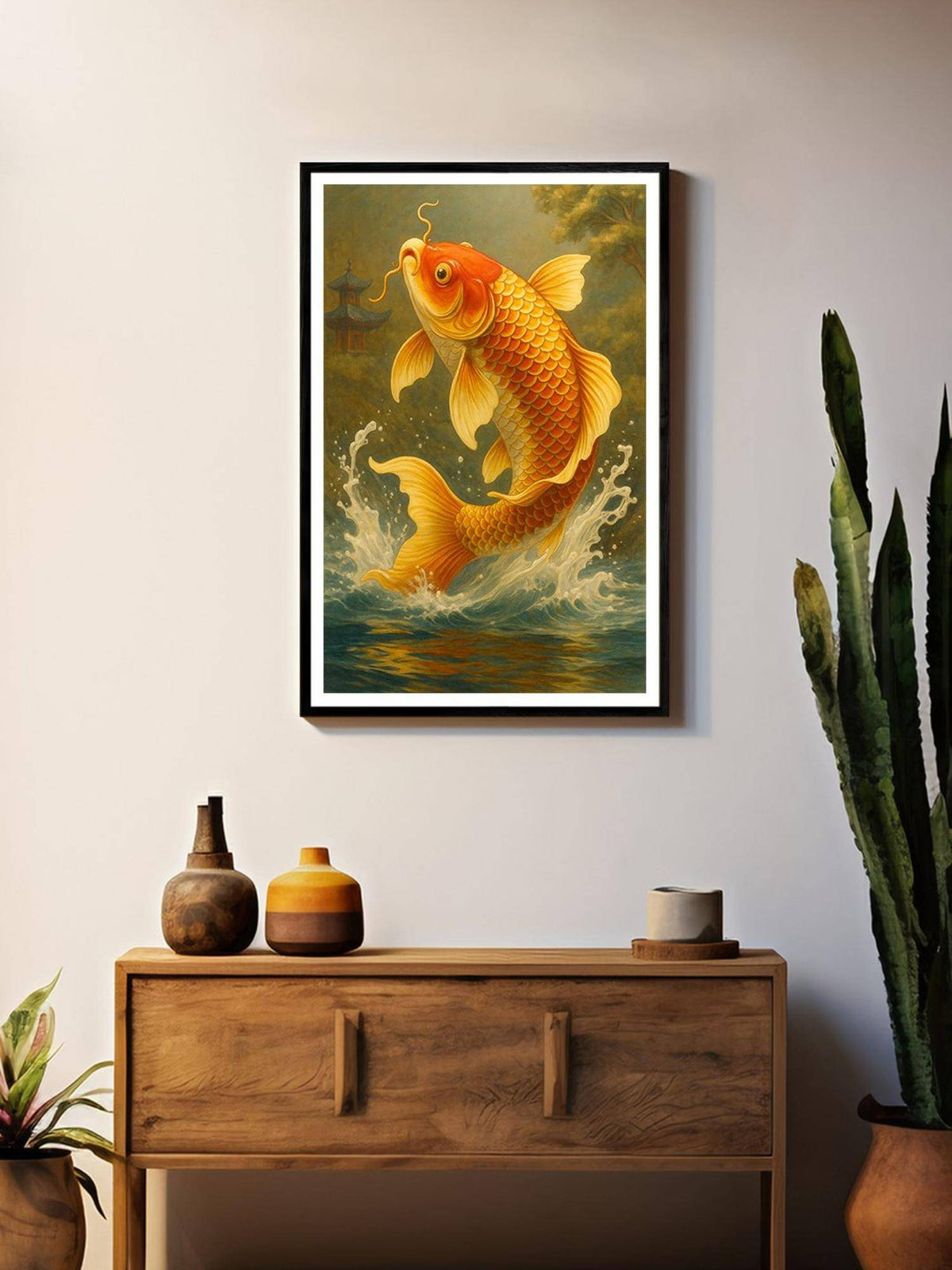 999Store Jumping Koi Fish Scene with Pagoda Box Fiber Canvas Frame Painting