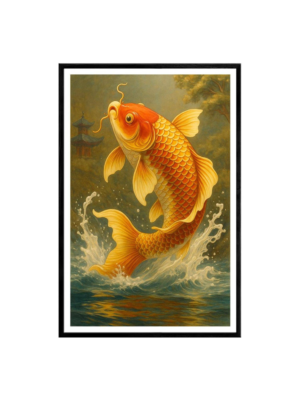 999Store Jumping Koi Fish Scene with Pagoda Box Fiber Canvas Frame Painting