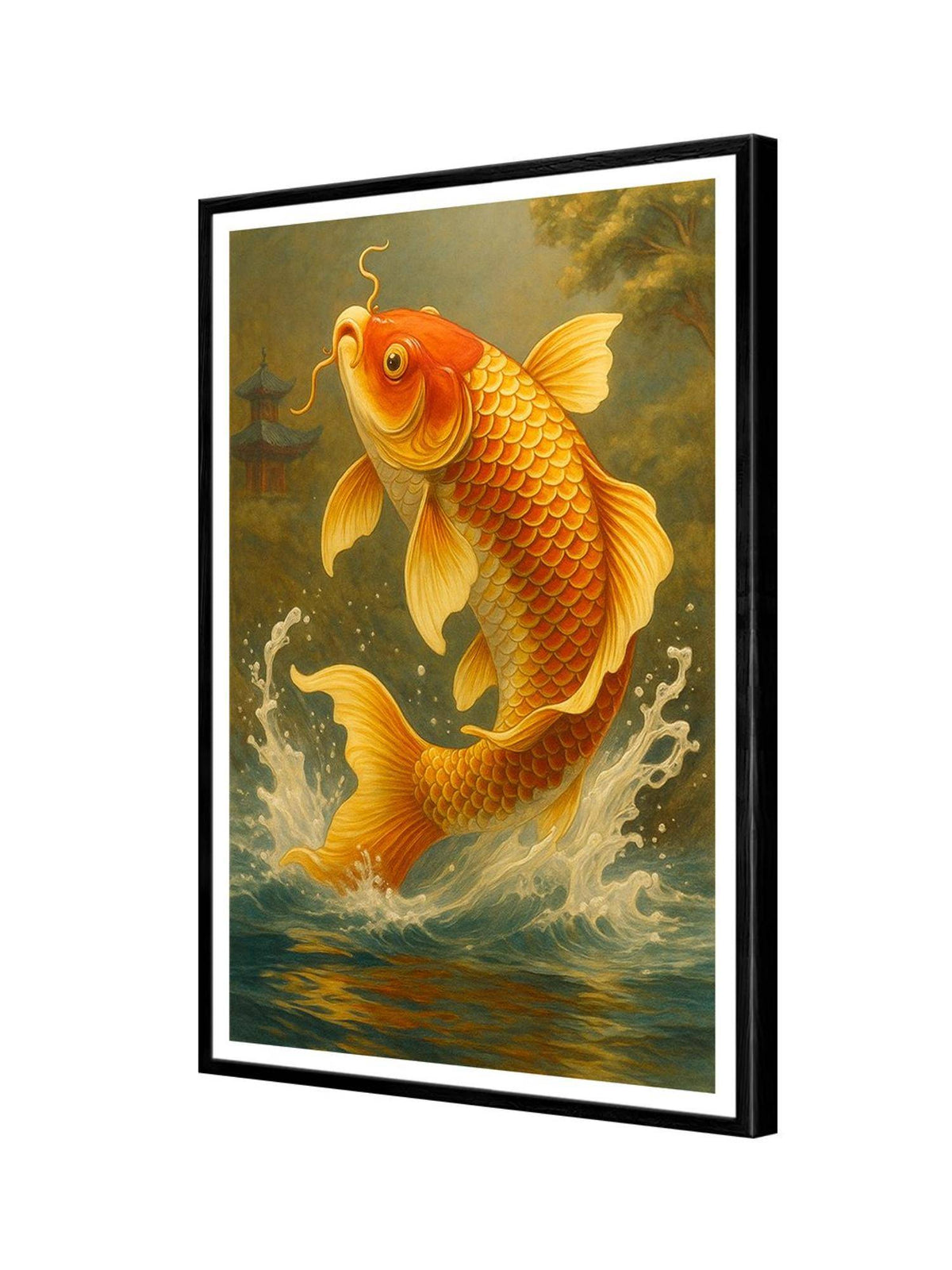 999Store Jumping Koi Fish Scene with Pagoda Box Fiber Canvas Frame Painting