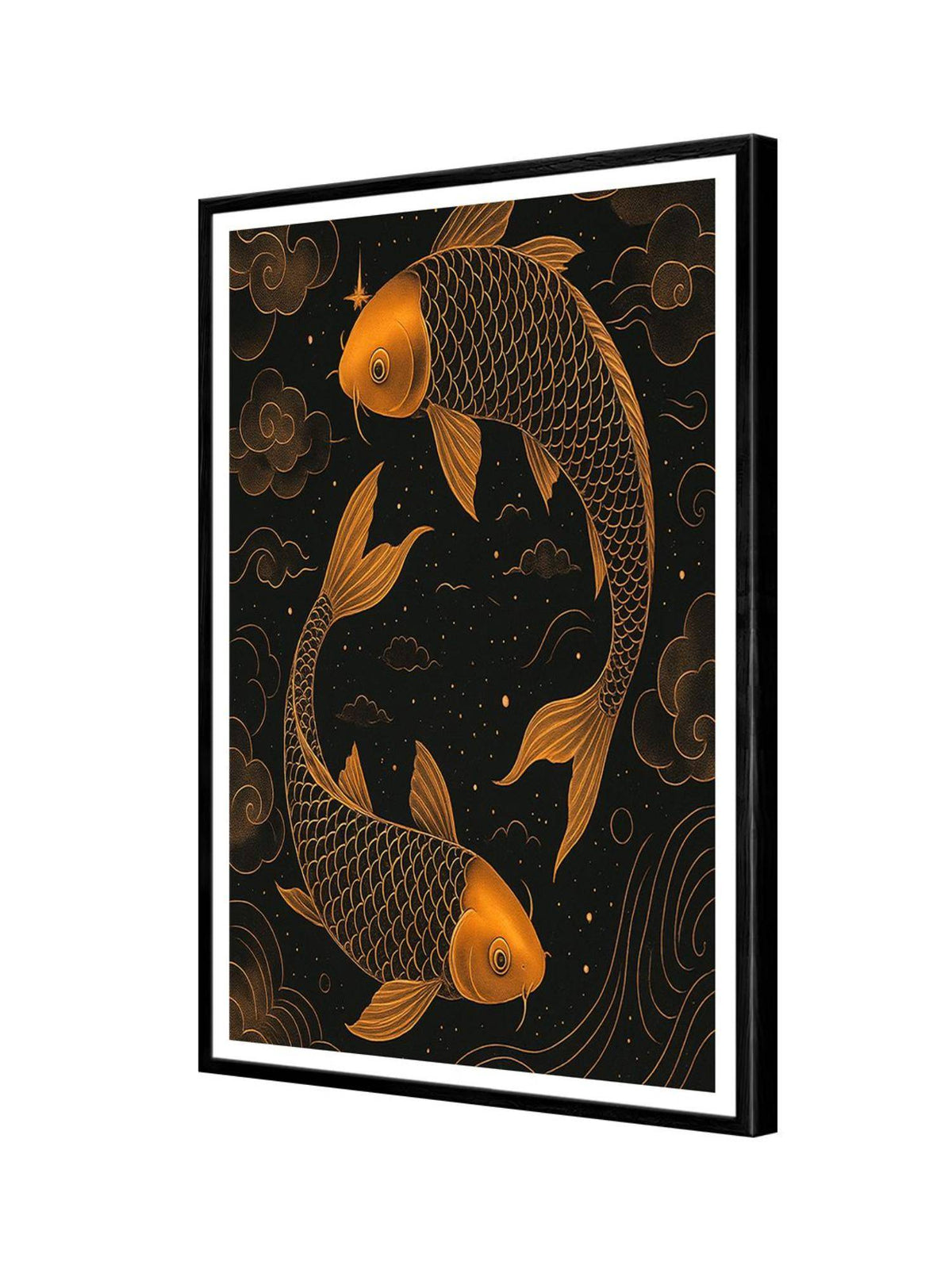 999Store Twin Copper-Black Koi Fish Night Sky Box Fiber Canvas Frame Painting