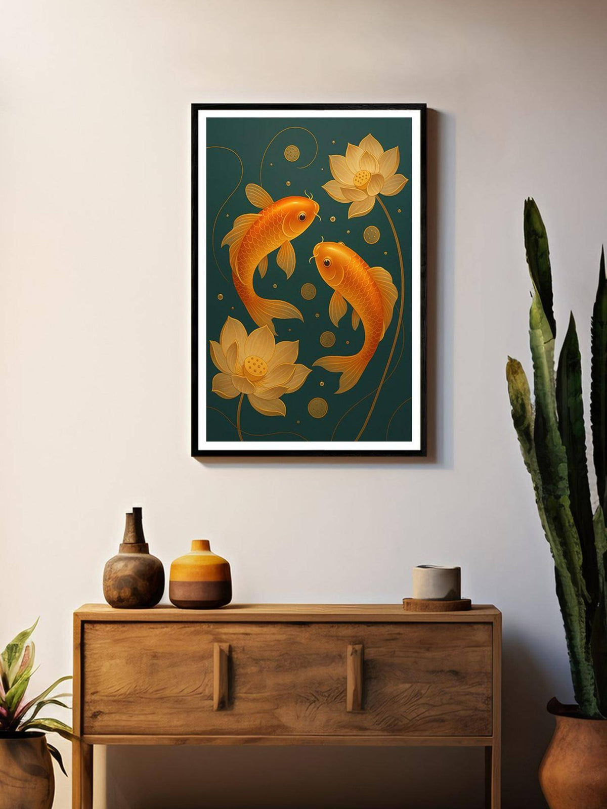 999Store Multi-Color Koi Fish with Lotus and Coins Box Fiber Canvas Frame Painting