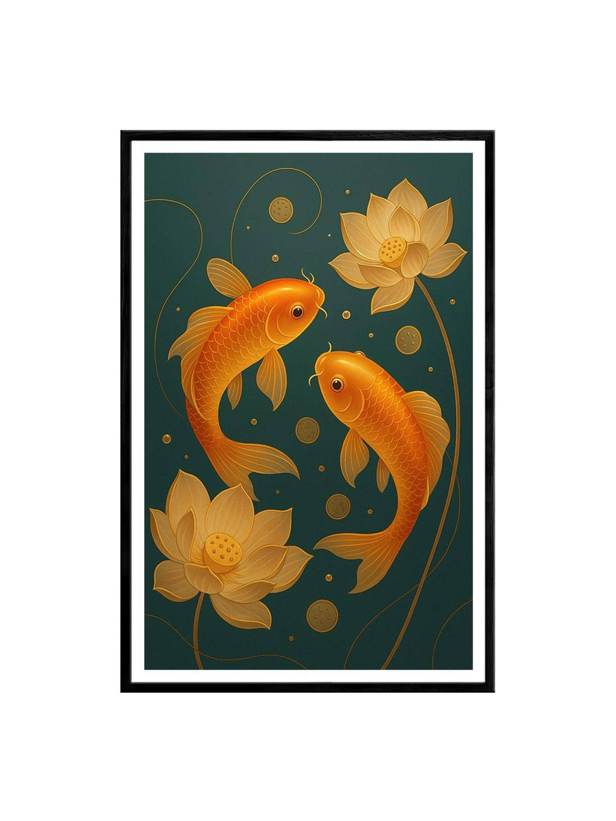 999Store Multi-Color Koi Fish with Lotus and Coins Box Fiber Canvas Frame Painting