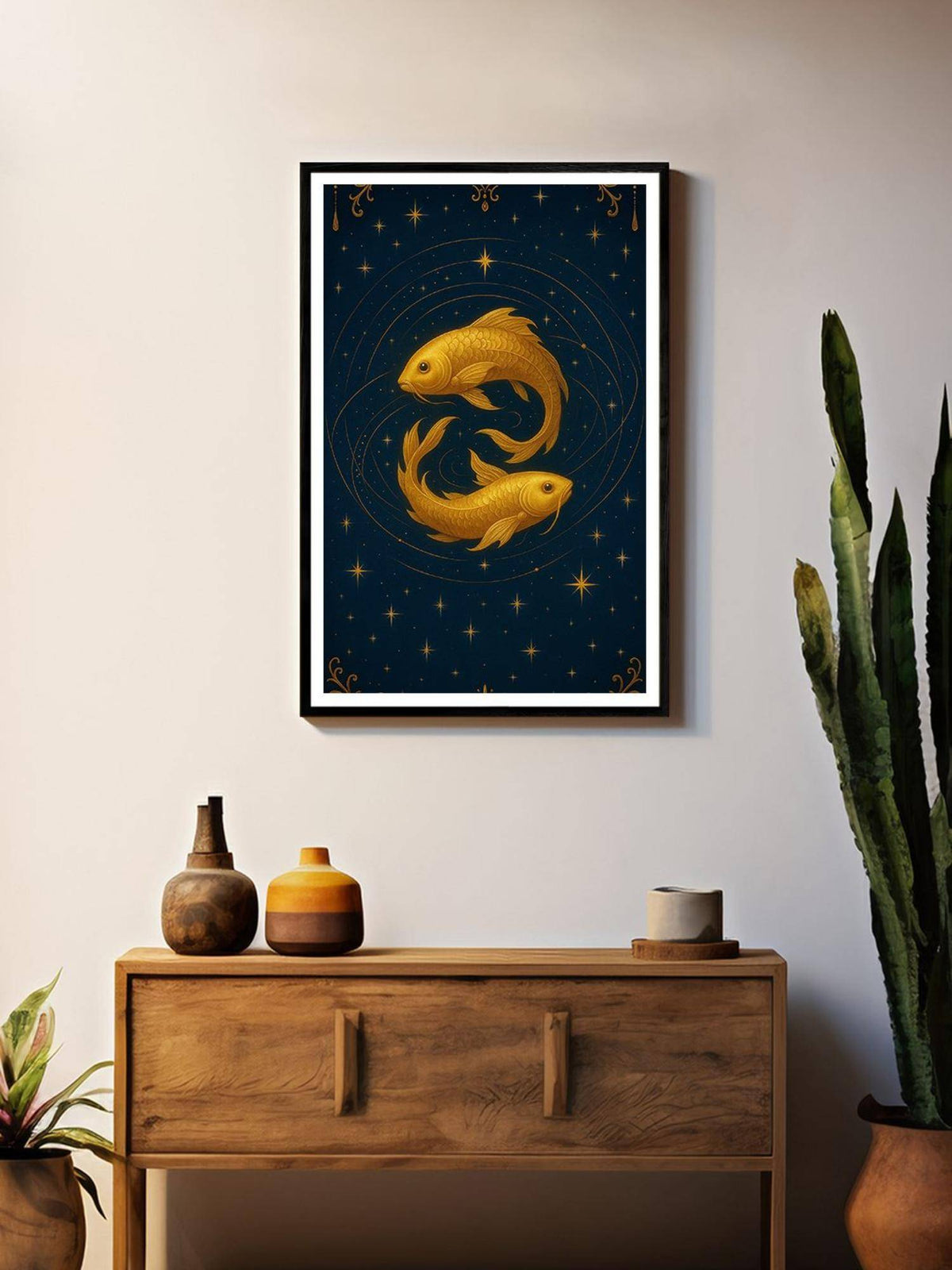999Store Celestial Golden-Black Koi Fish On Starry Night Box Fiber Canvas Frame Painting