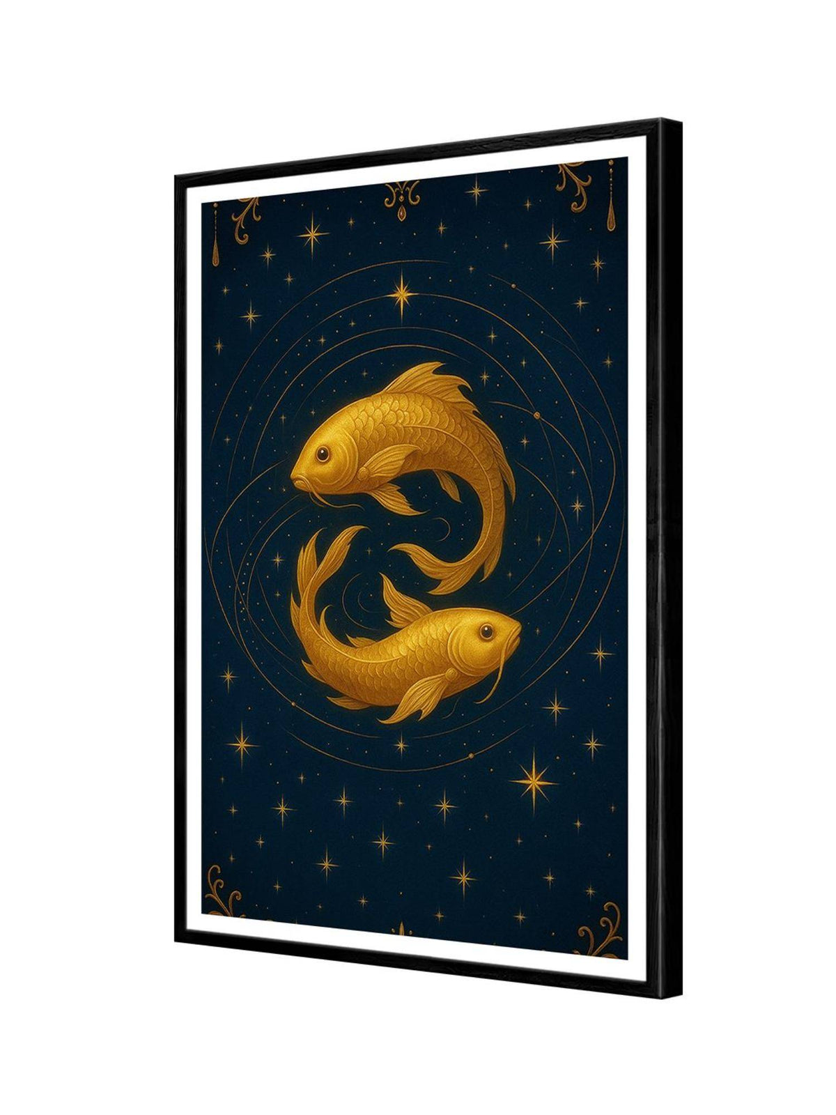 999Store Celestial Golden-Black Koi Fish On Starry Night Box Fiber Canvas Frame Painting