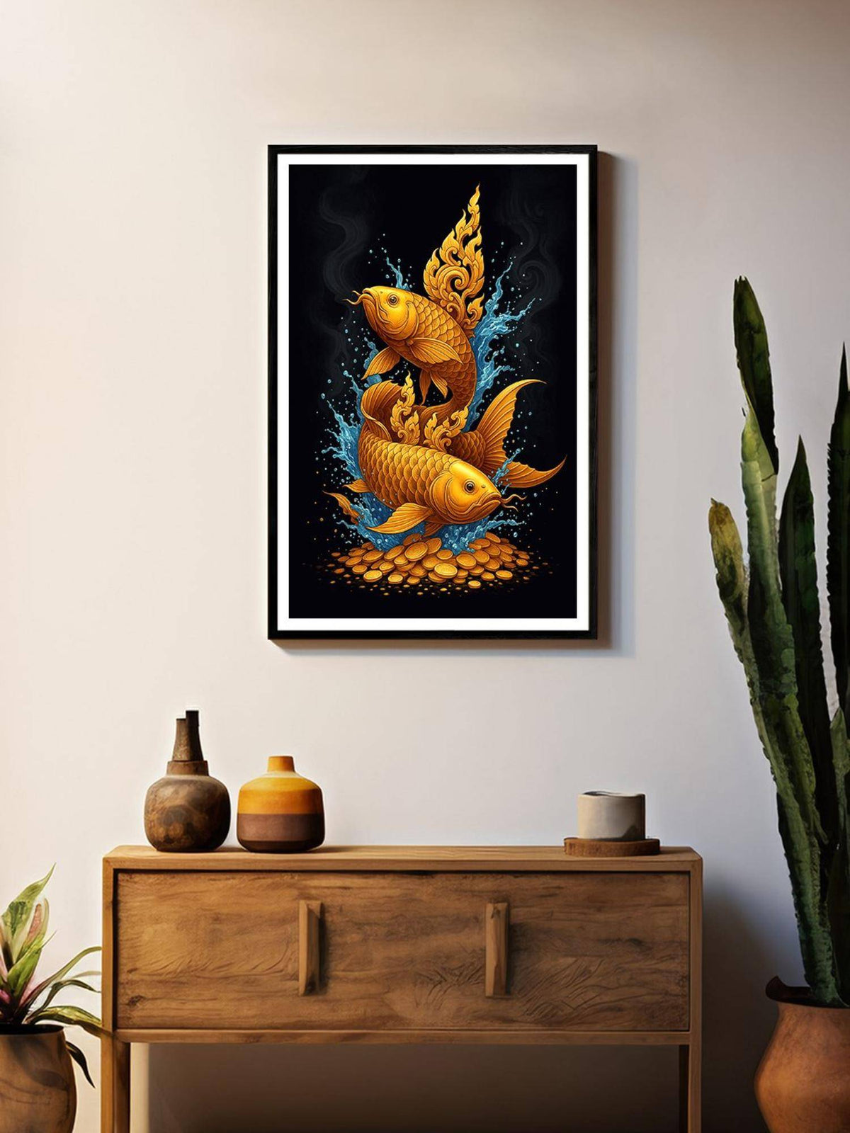 999Store Golden-Black Koi Fish Box Fiber Canvas Frame Painting