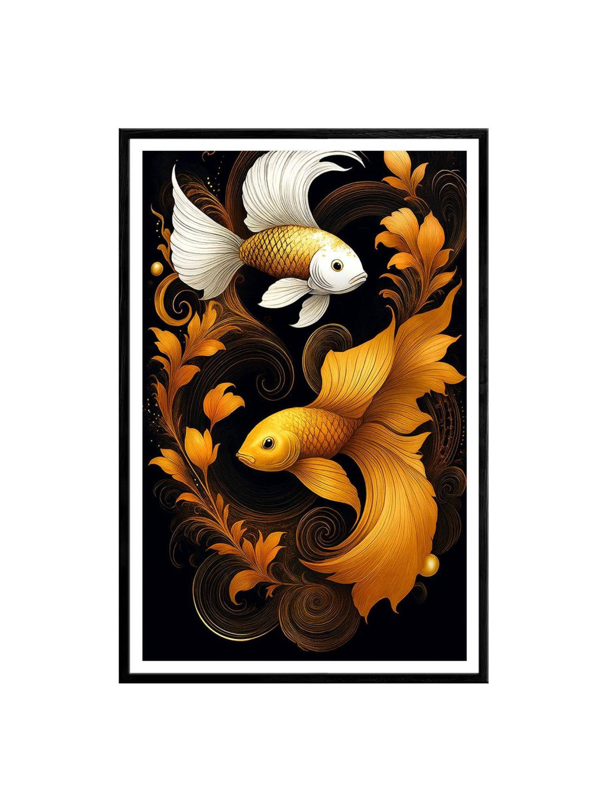 999Store Golden and White Koi Fish Swirling Box Fiber Canvas Frame Painting
