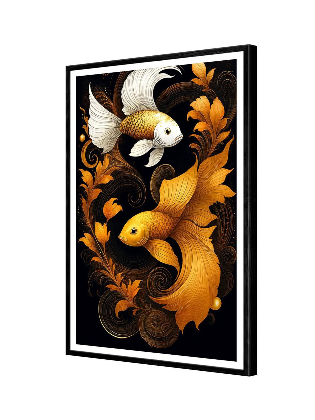 999Store Golden and White Koi Fish Swirling Box Fiber Canvas Frame Painting