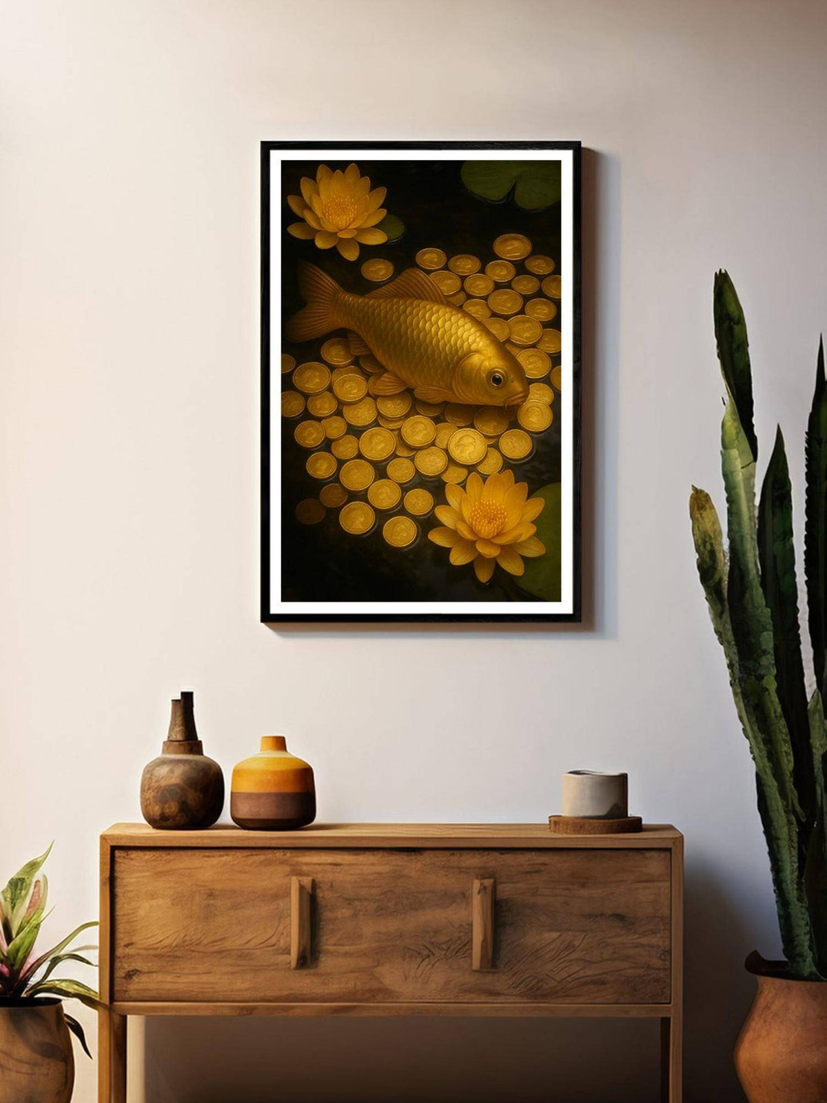 999Store Golden Koi and Coin Pond Canvas Painting