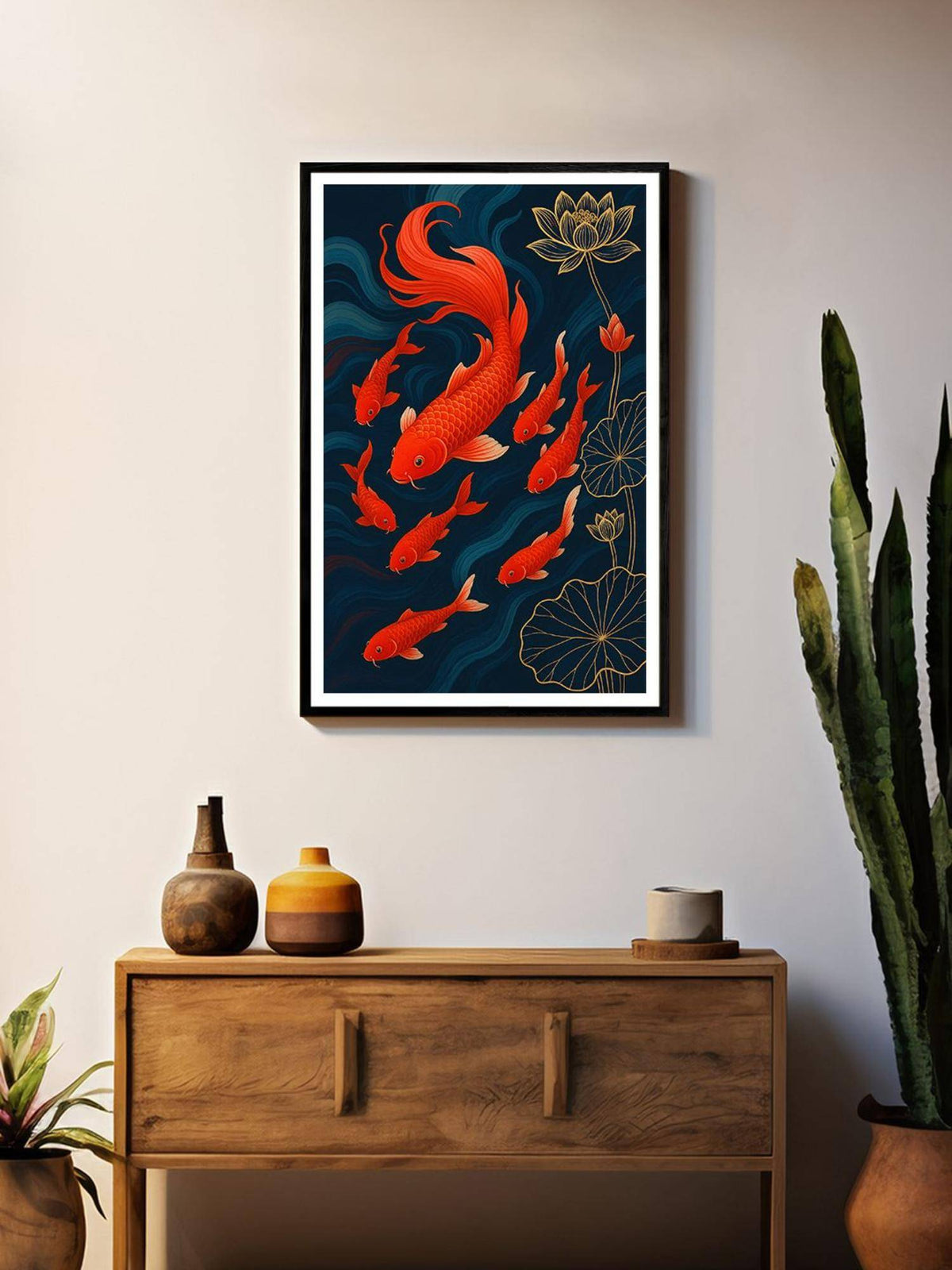 999Store Red Koi Family with Lotus Floral Painting