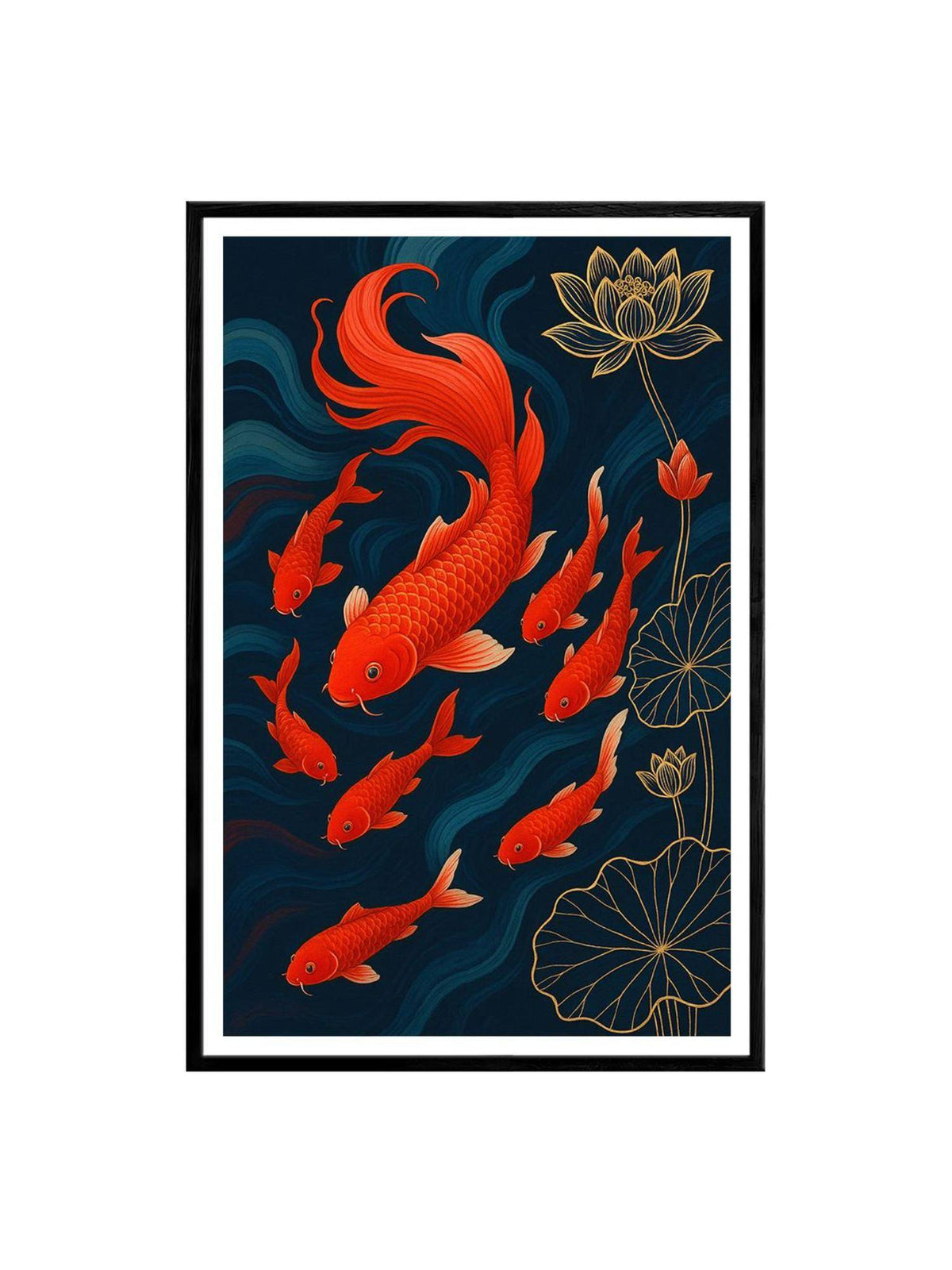 999Store Red Koi Family with Lotus Floral Painting