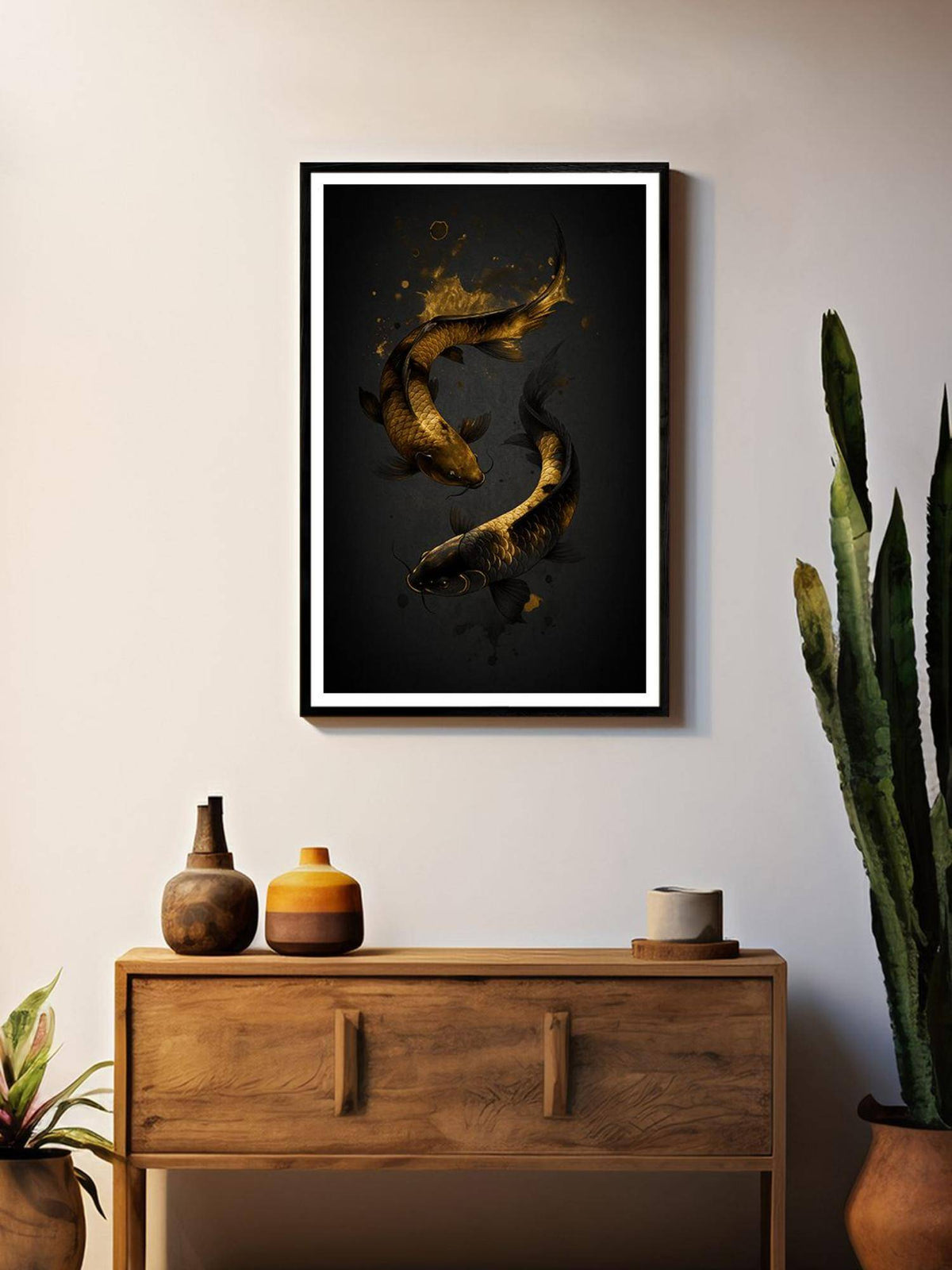 999Store Yin Yang Black-Gold Koi Fish Box Fiber Canvas Painting