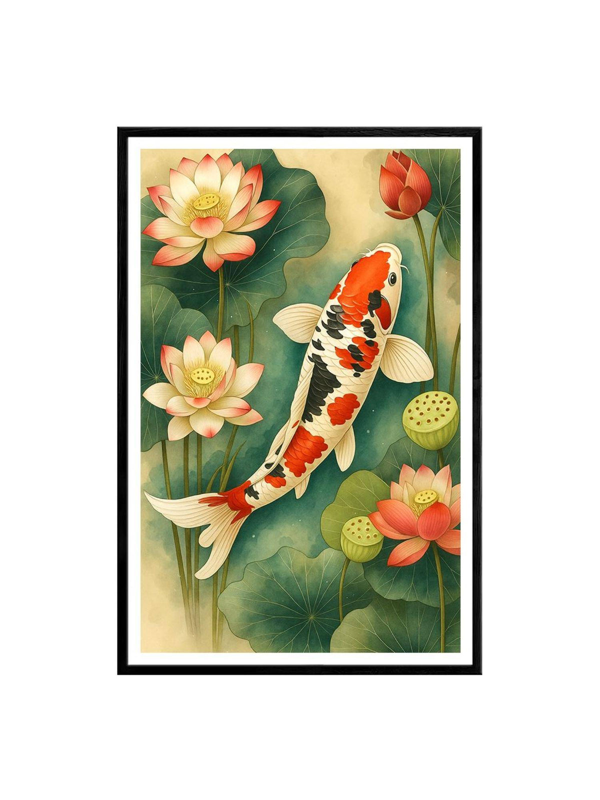 999Store Multi-Color Koi Fish with Lotus Flowers Box Fiber Canvas Painting