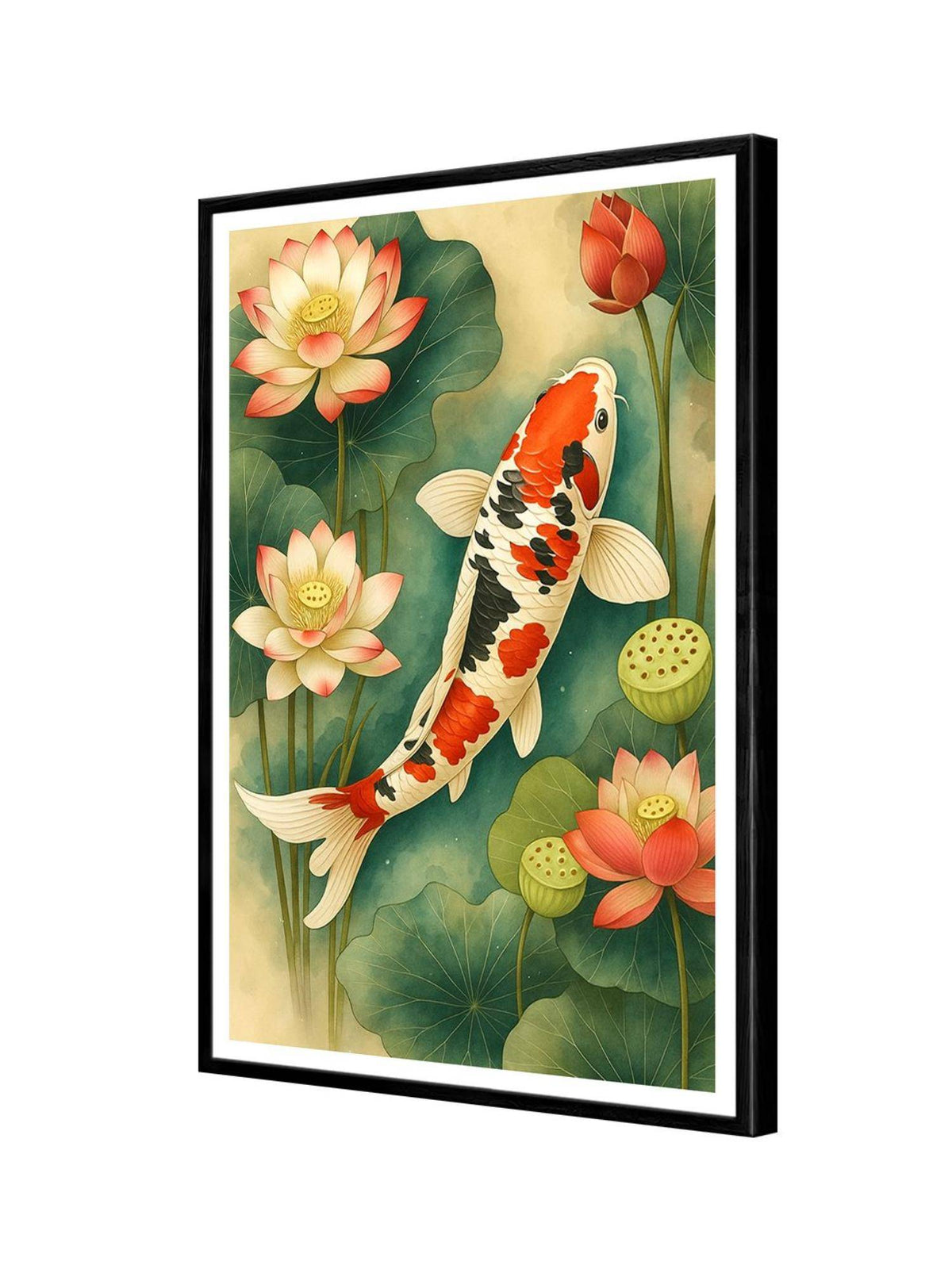 999Store Multi-Color Koi Fish with Lotus Flowers Box Fiber Canvas Painting