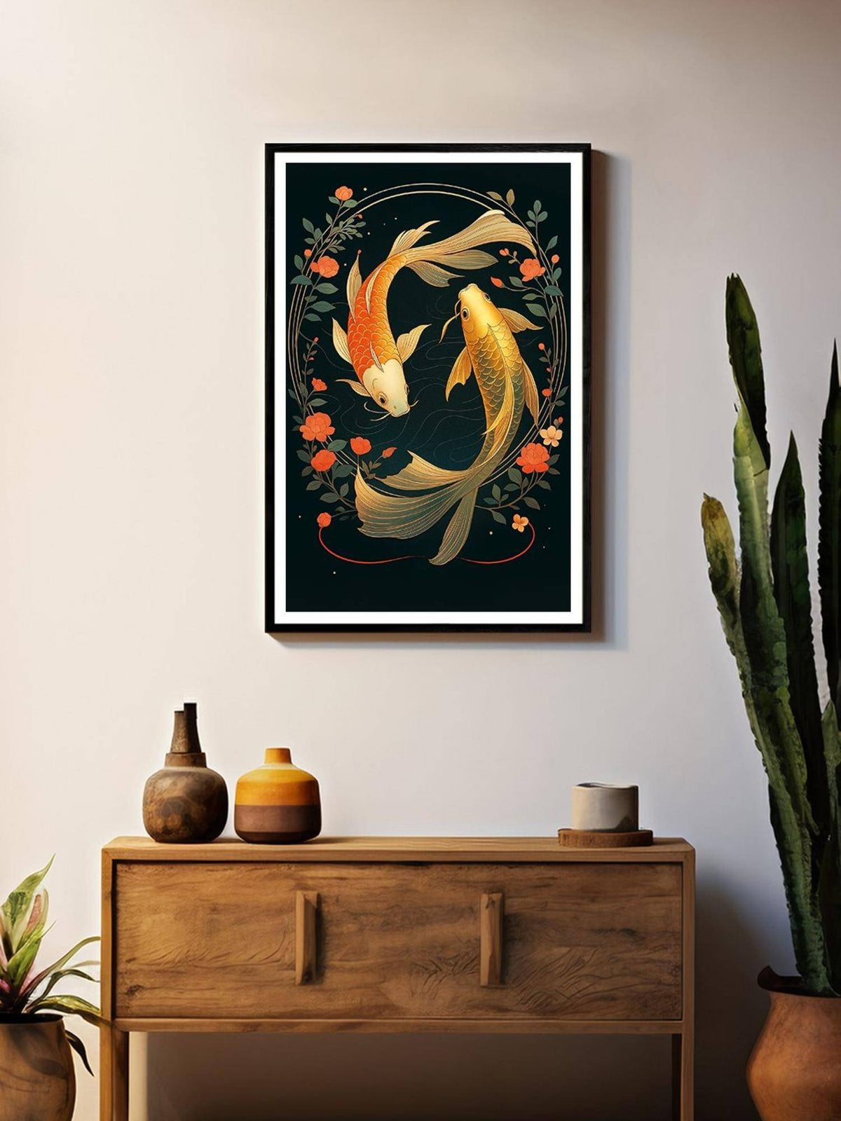 999Store Yin Yang Multi-Color Koi Fish Floral Box Fiber Canvas Painting