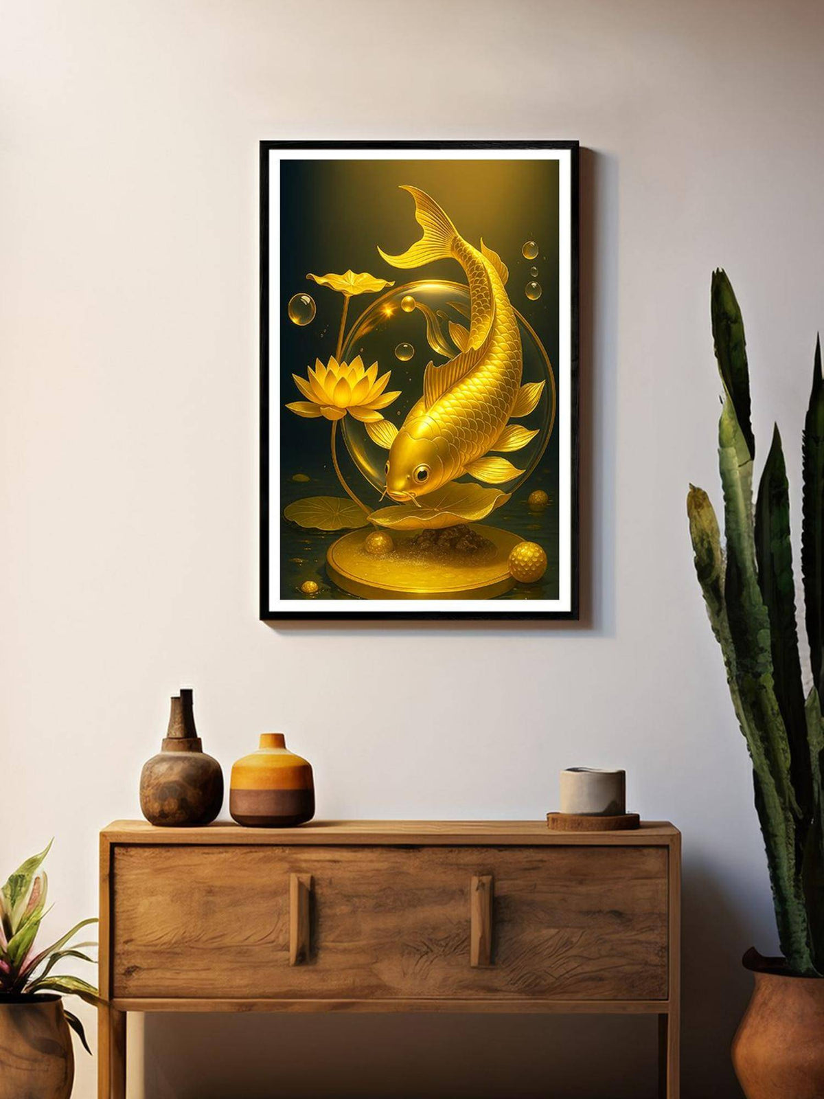 999Store Box Fiber Canvas Painting Frame - Golden Koi with Lotus and Bubbles · One Size