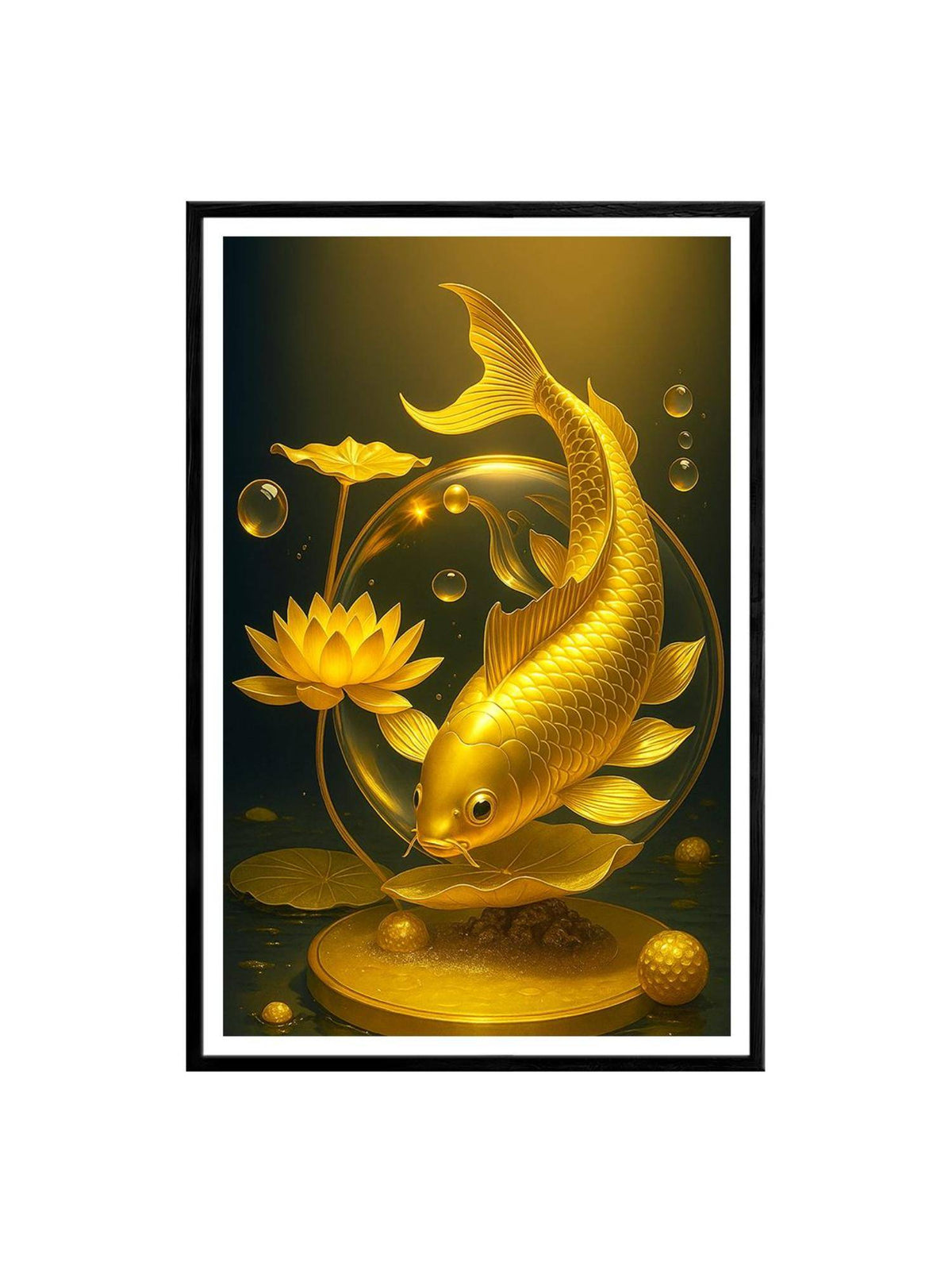 999Store Box Fiber Canvas Painting Frame - Golden Koi with Lotus and Bubbles