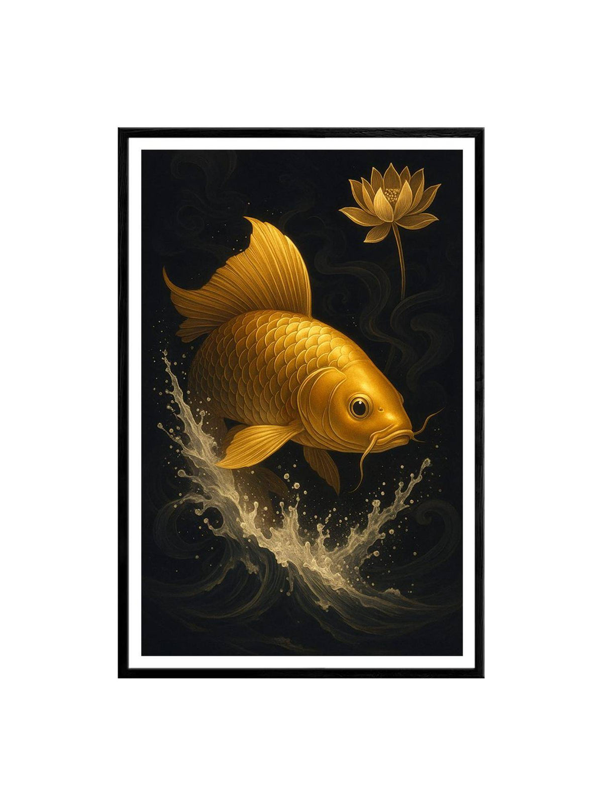 999Store Gold-Black Koi Fish with Lotus Flower Box Fiber Canvas Painting