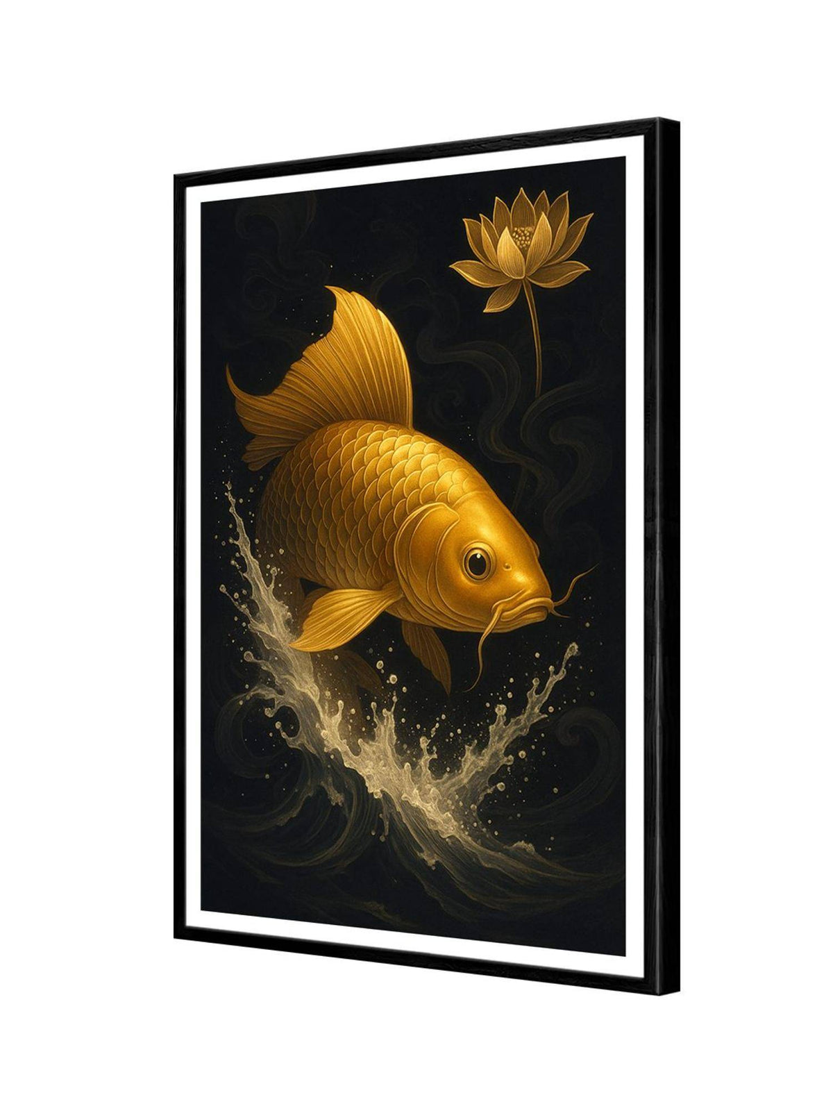 999Store Gold-Black Koi Fish with Lotus Flower Box Fiber Canvas Painting