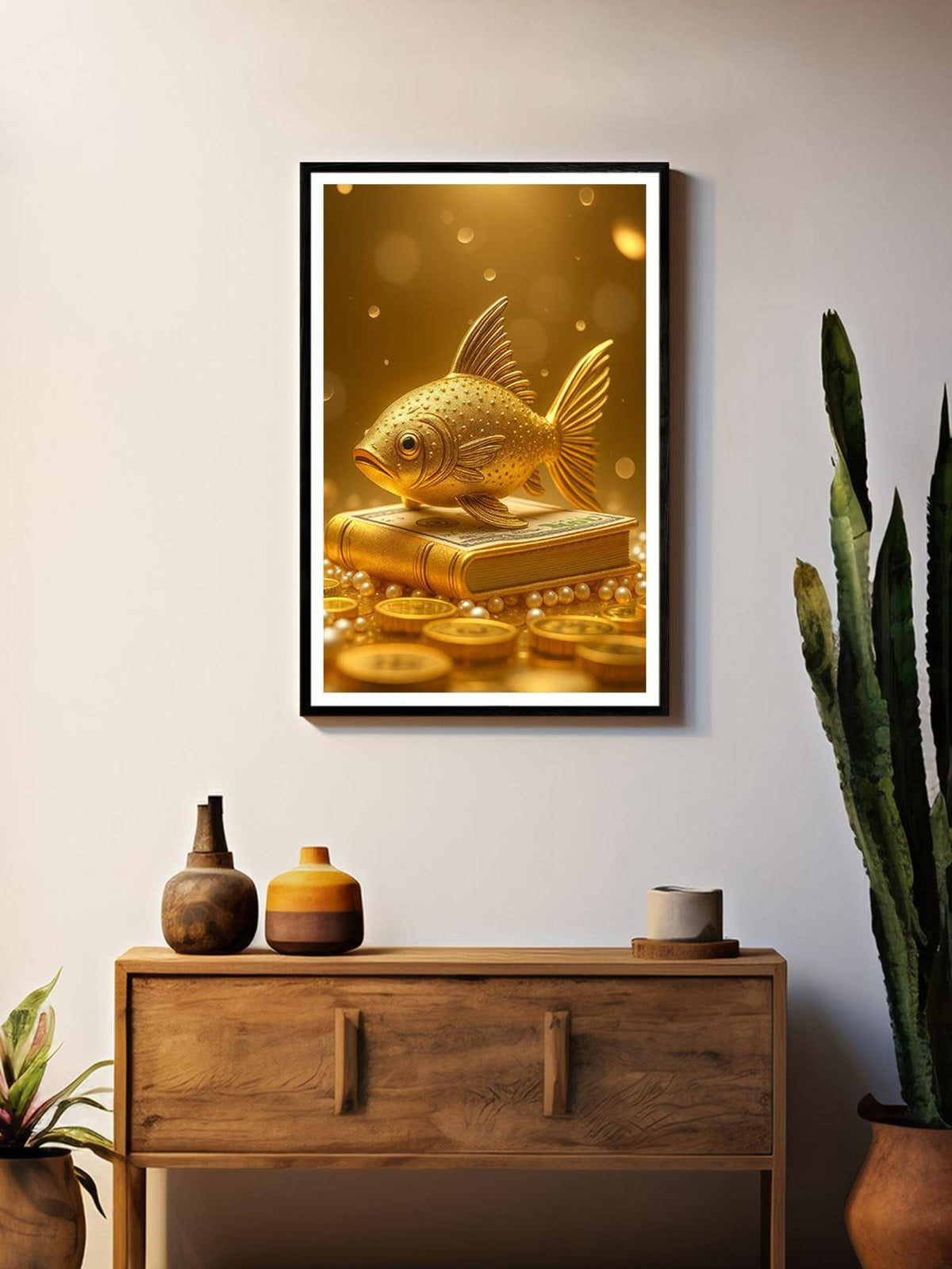 999Store Golden Fish with Coins Canvas Painting