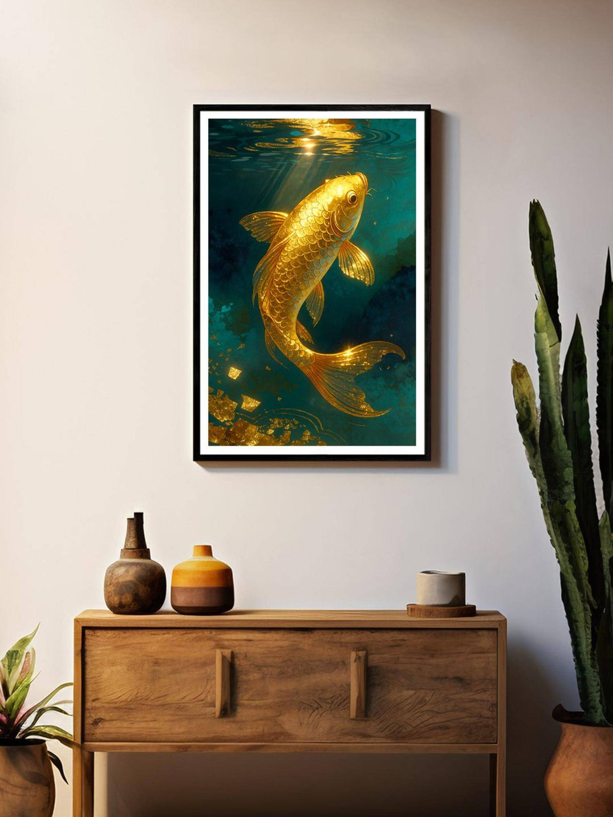 999Store Golden Koi Fish Teal Waters Canvas Painting