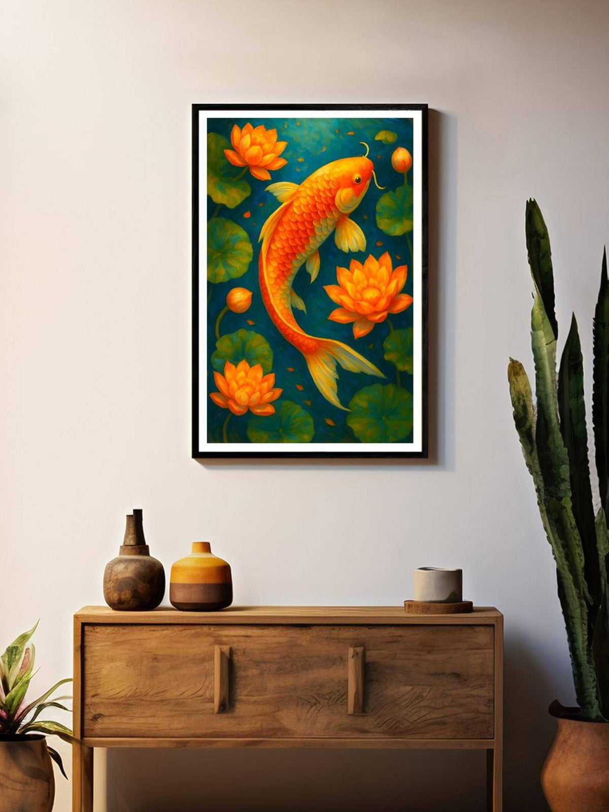 999Store Multi-Color Koi Fish with Lotus Flowers Box Fiber Canvas Painting