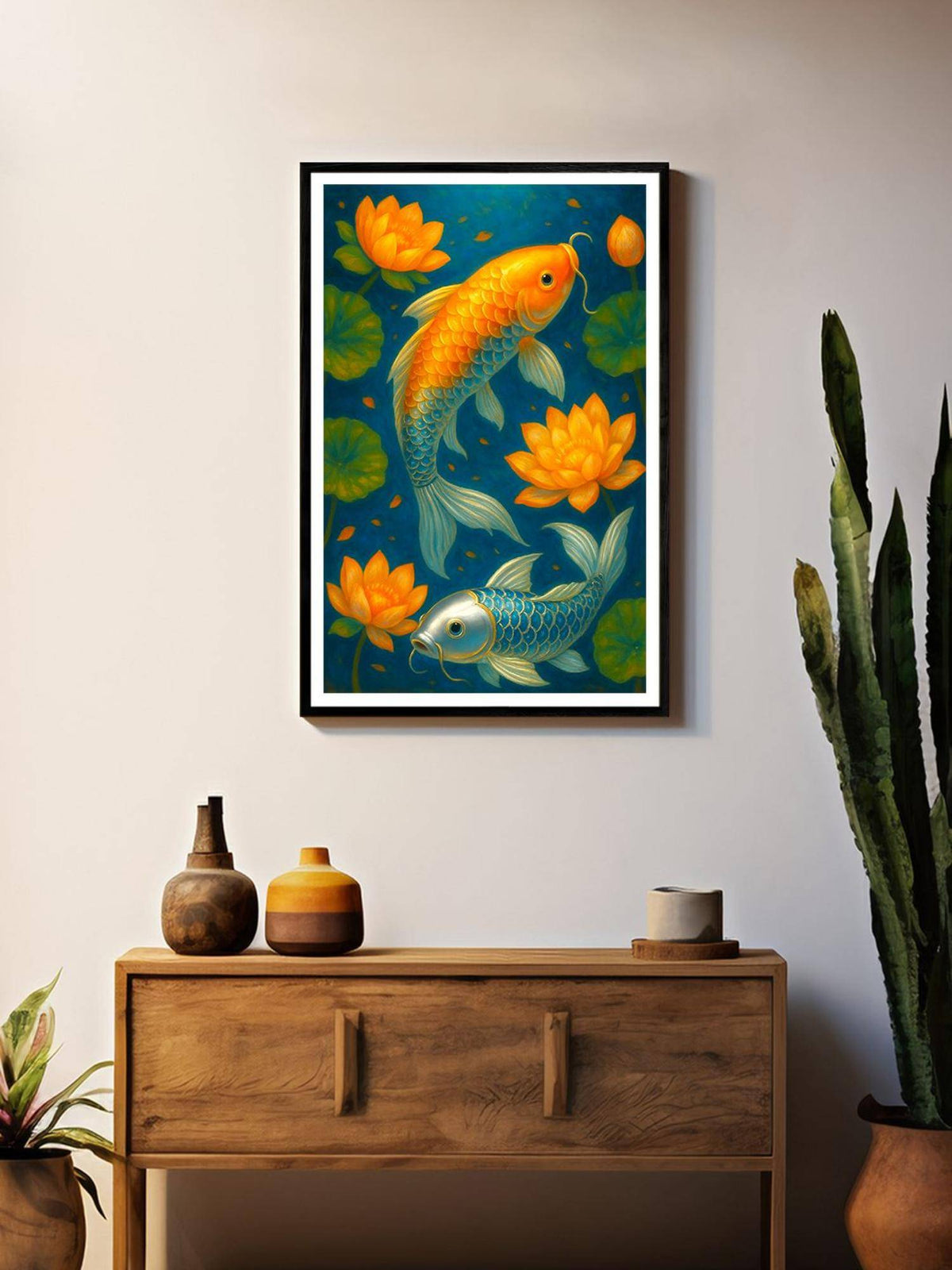999Store Multi-Color Koi Fish Lotus Pond Canvas Box Fiber Frame Painting