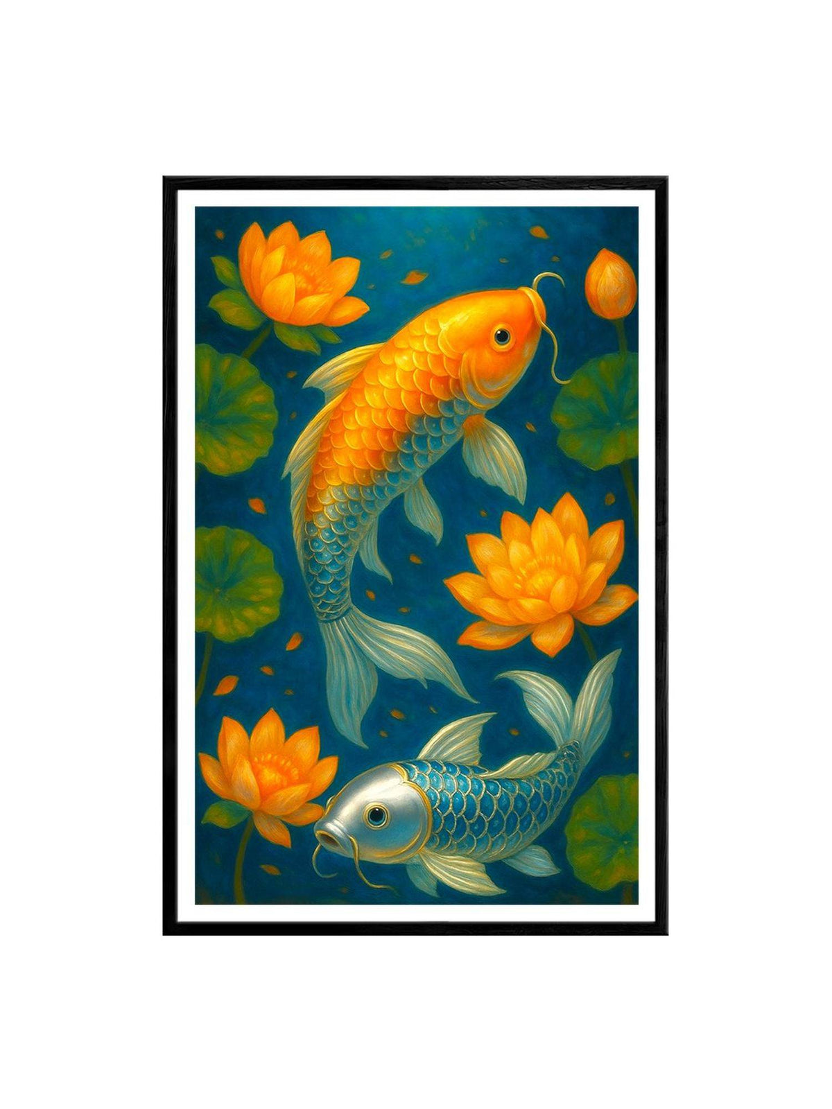 999Store Multi-Color Koi Fish Lotus Pond Canvas Box Fiber Frame Painting