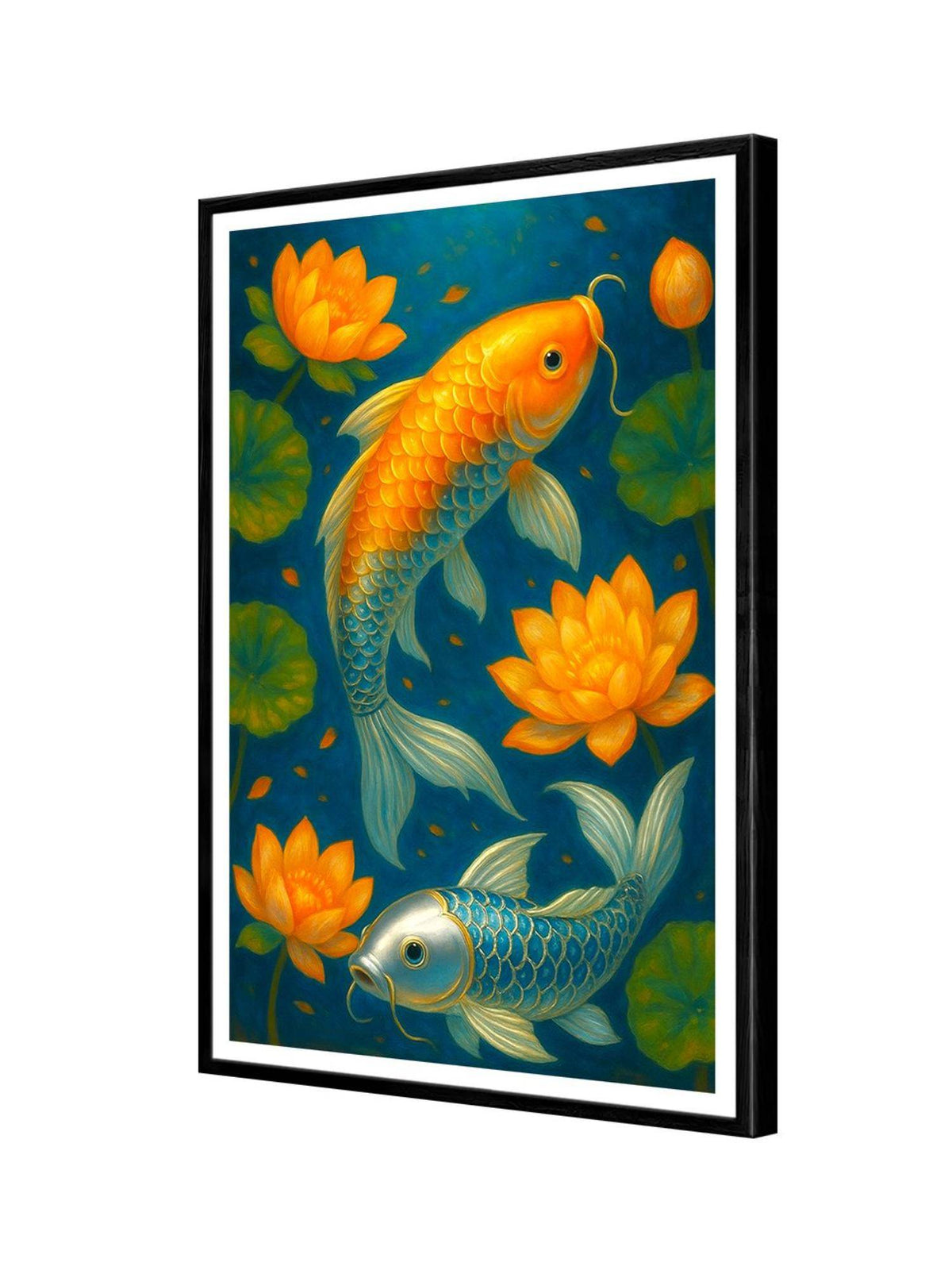 999Store Multi-Color Koi Fish Lotus Pond Canvas Box Fiber Frame Painting